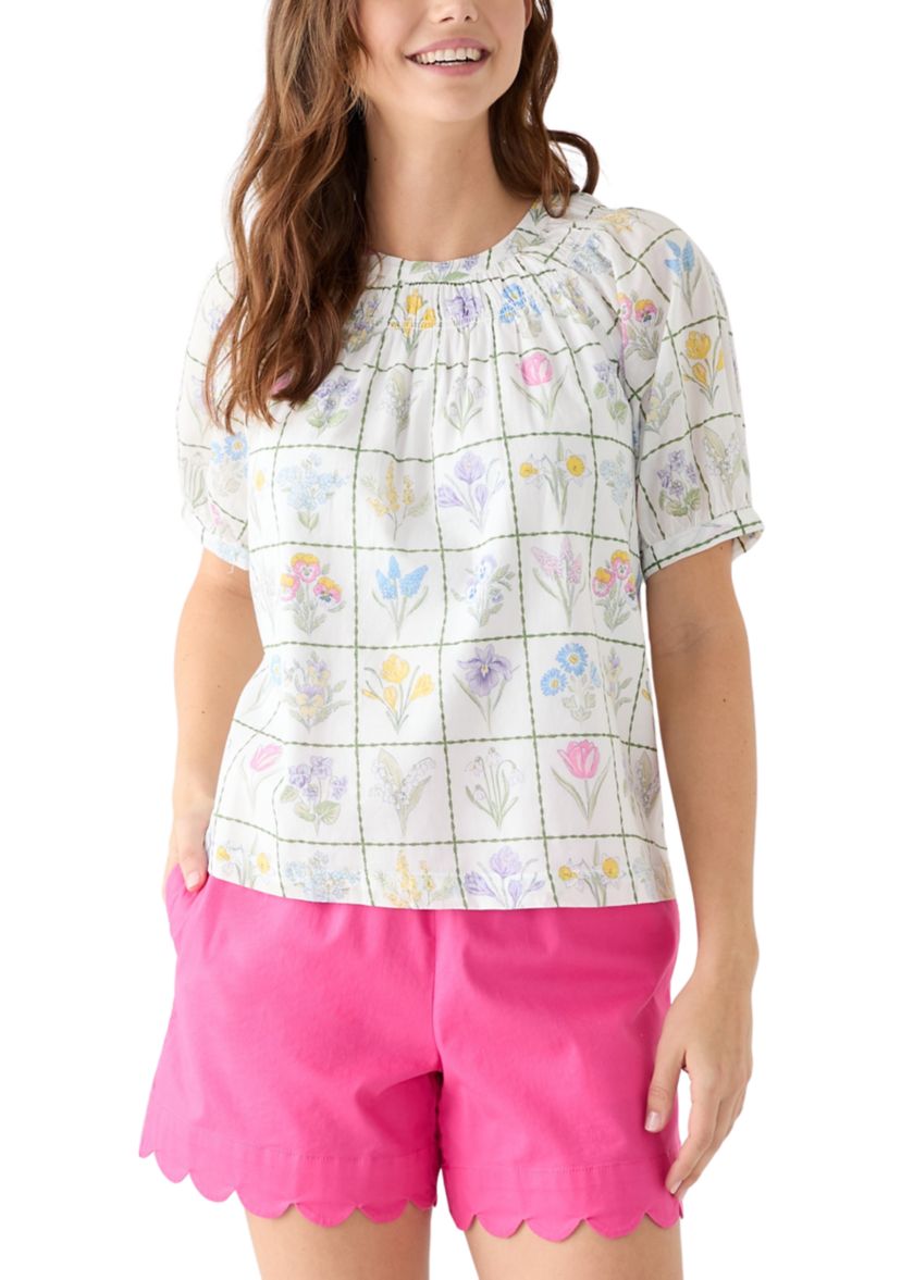 Womens Printed Smocked Neck Top