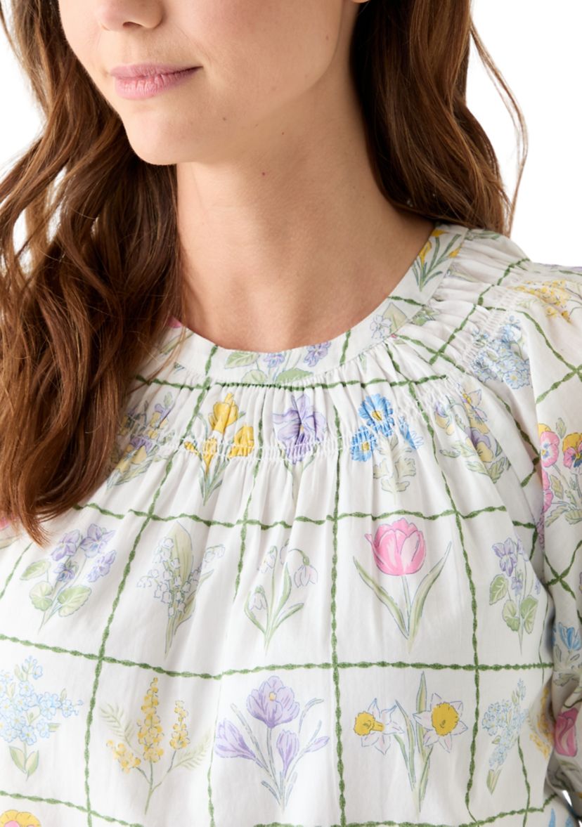 Womens Printed Smocked Neck Top