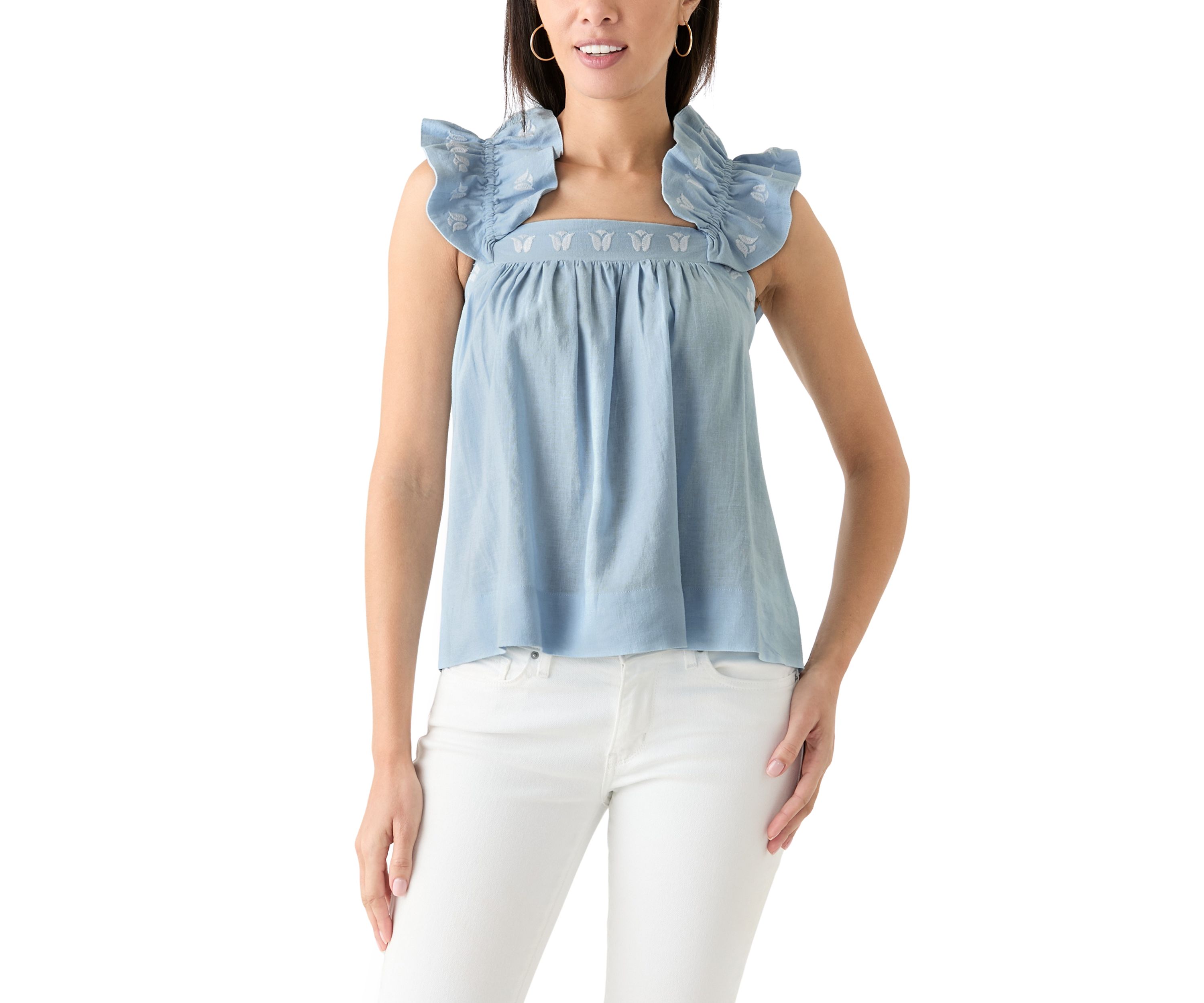 Womens Short Flutter Sleeve Embroidered Top 