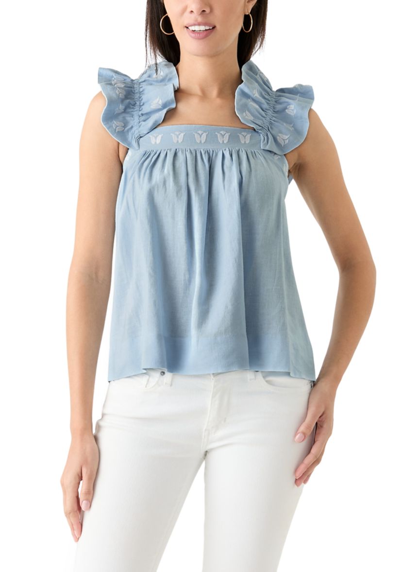 Womens Short Flutter Sleeve Embroidered Top 
