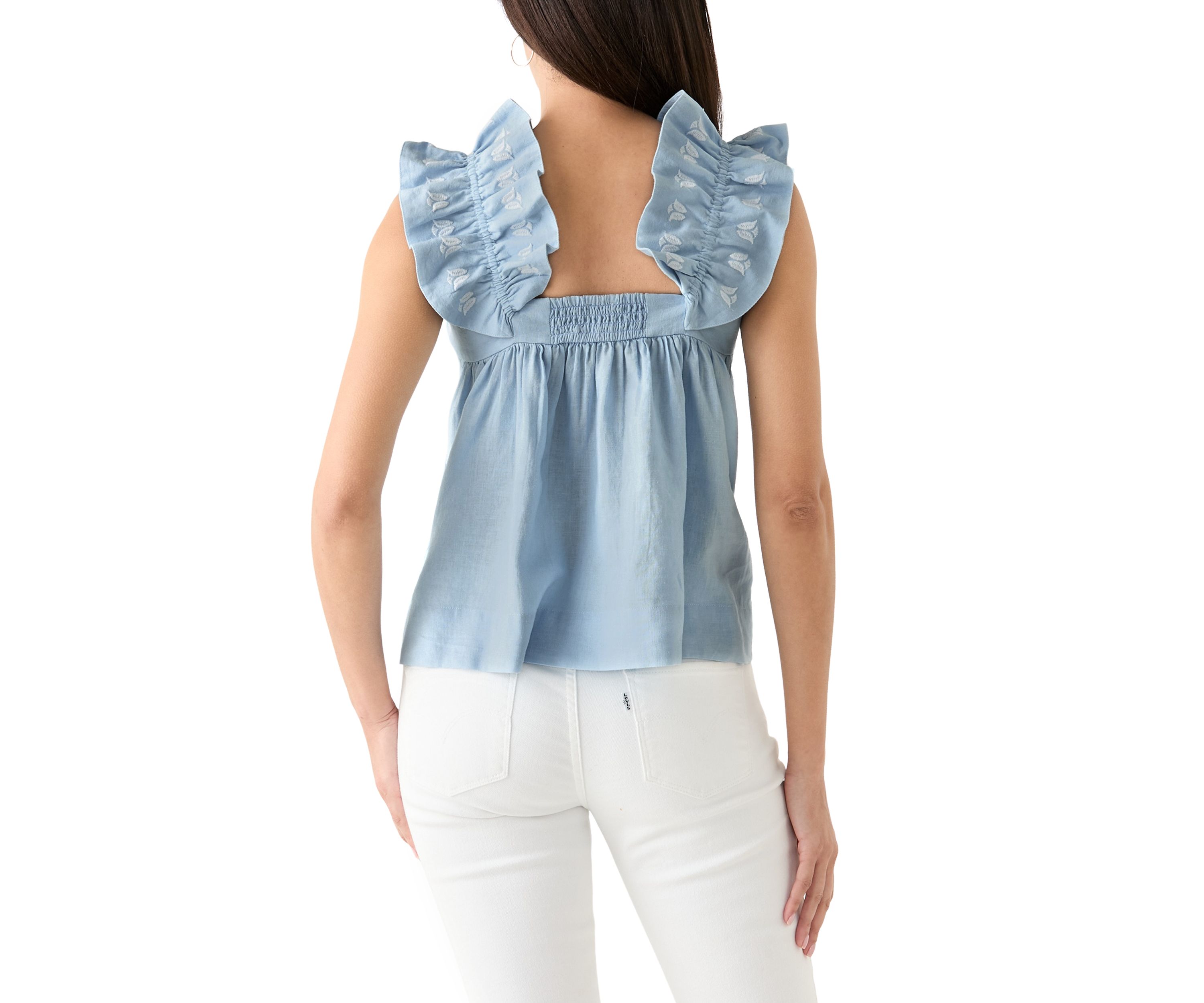 Womens Short Flutter Sleeve Embroidered Top 