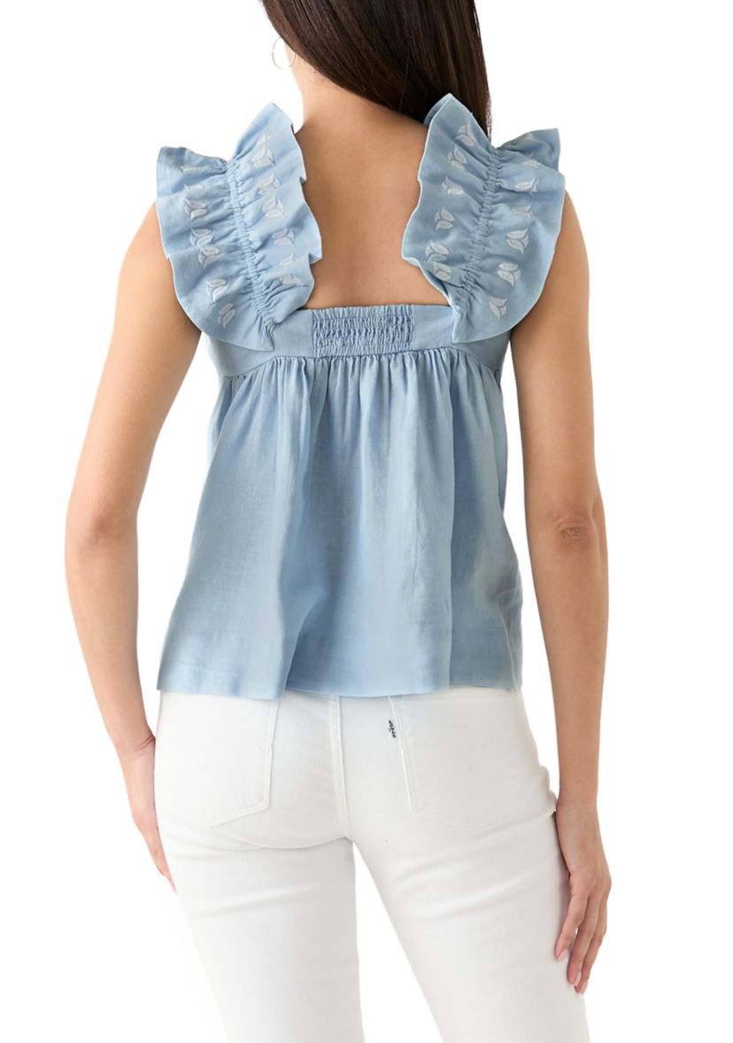 Womens Short Flutter Sleeve Embroidered Top 