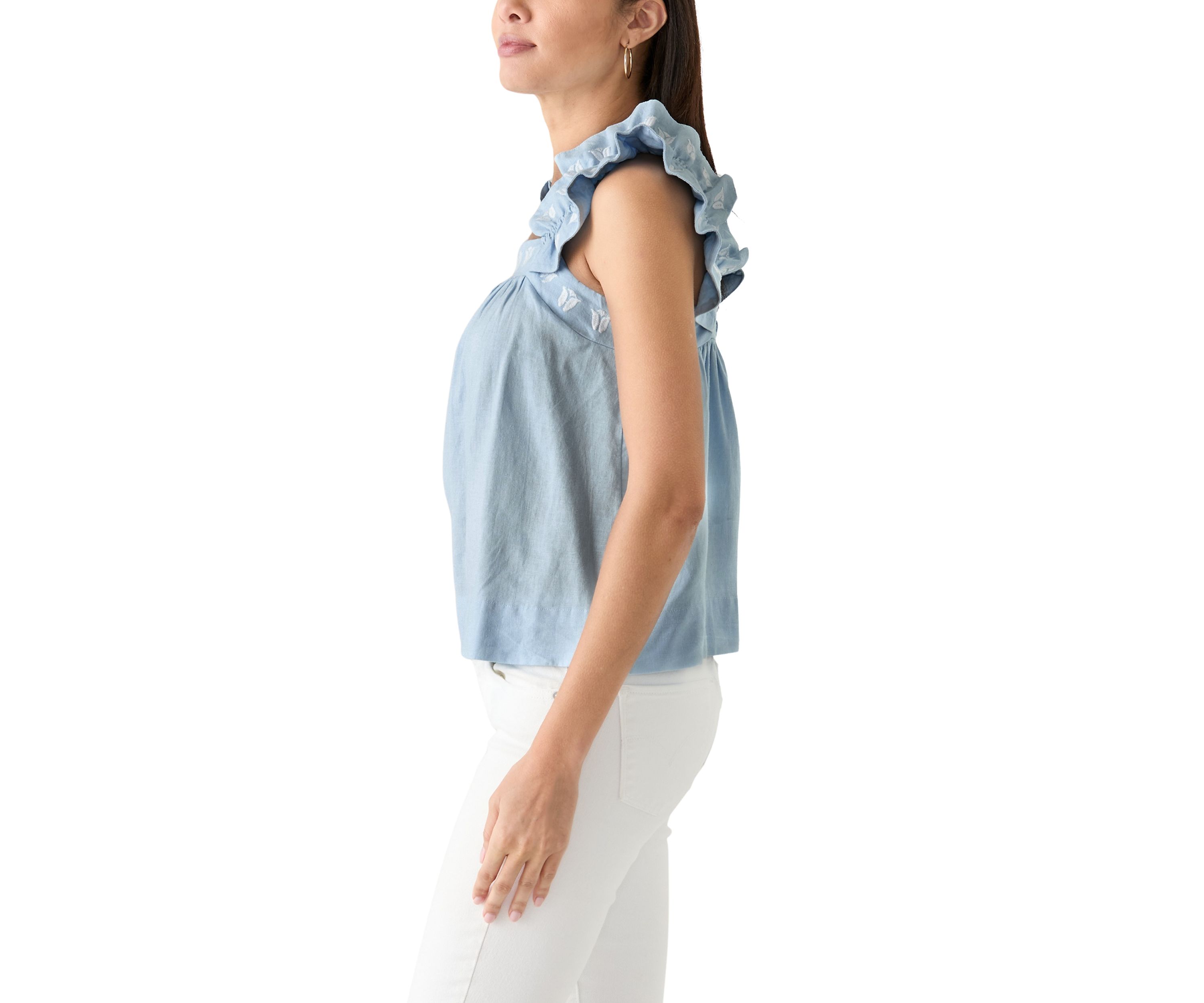 Womens Short Flutter Sleeve Embroidered Top 