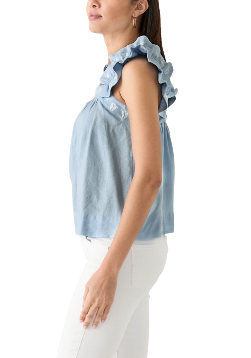 Womens Short Flutter Sleeve Embroidered Top 