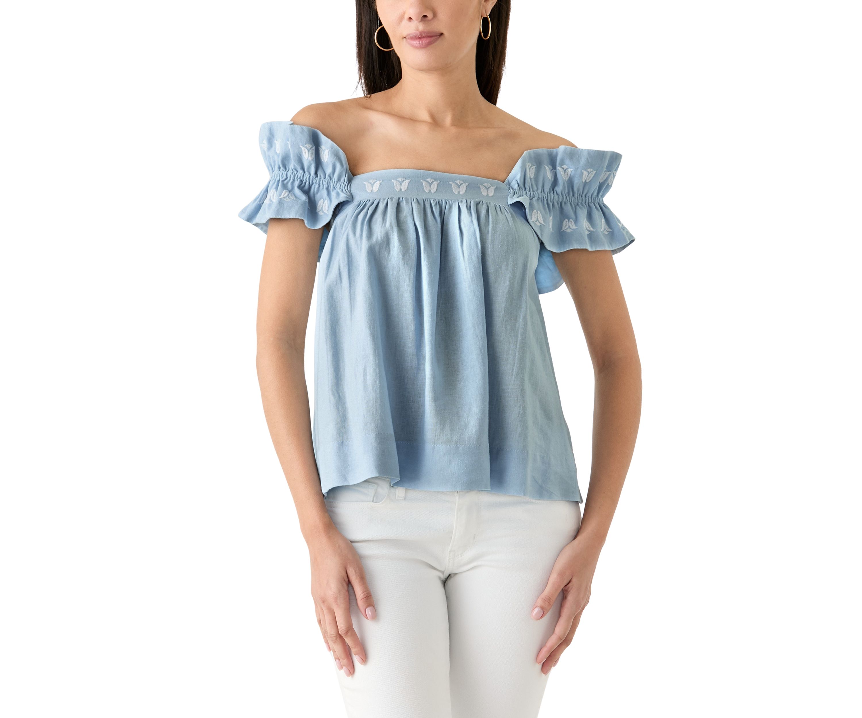 Womens Short Flutter Sleeve Embroidered Top 