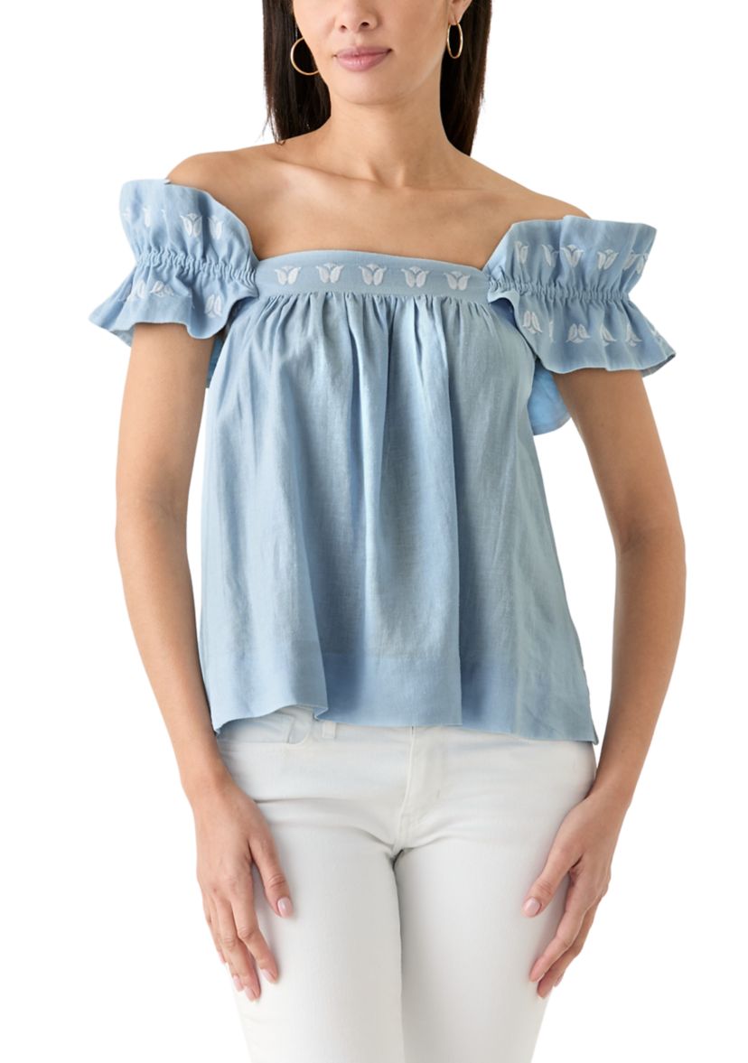 Womens Short Flutter Sleeve Embroidered Top 