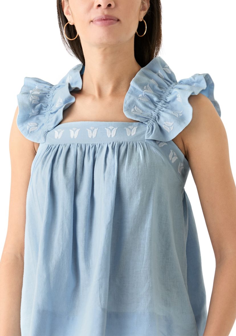 Womens Short Flutter Sleeve Embroidered Top 