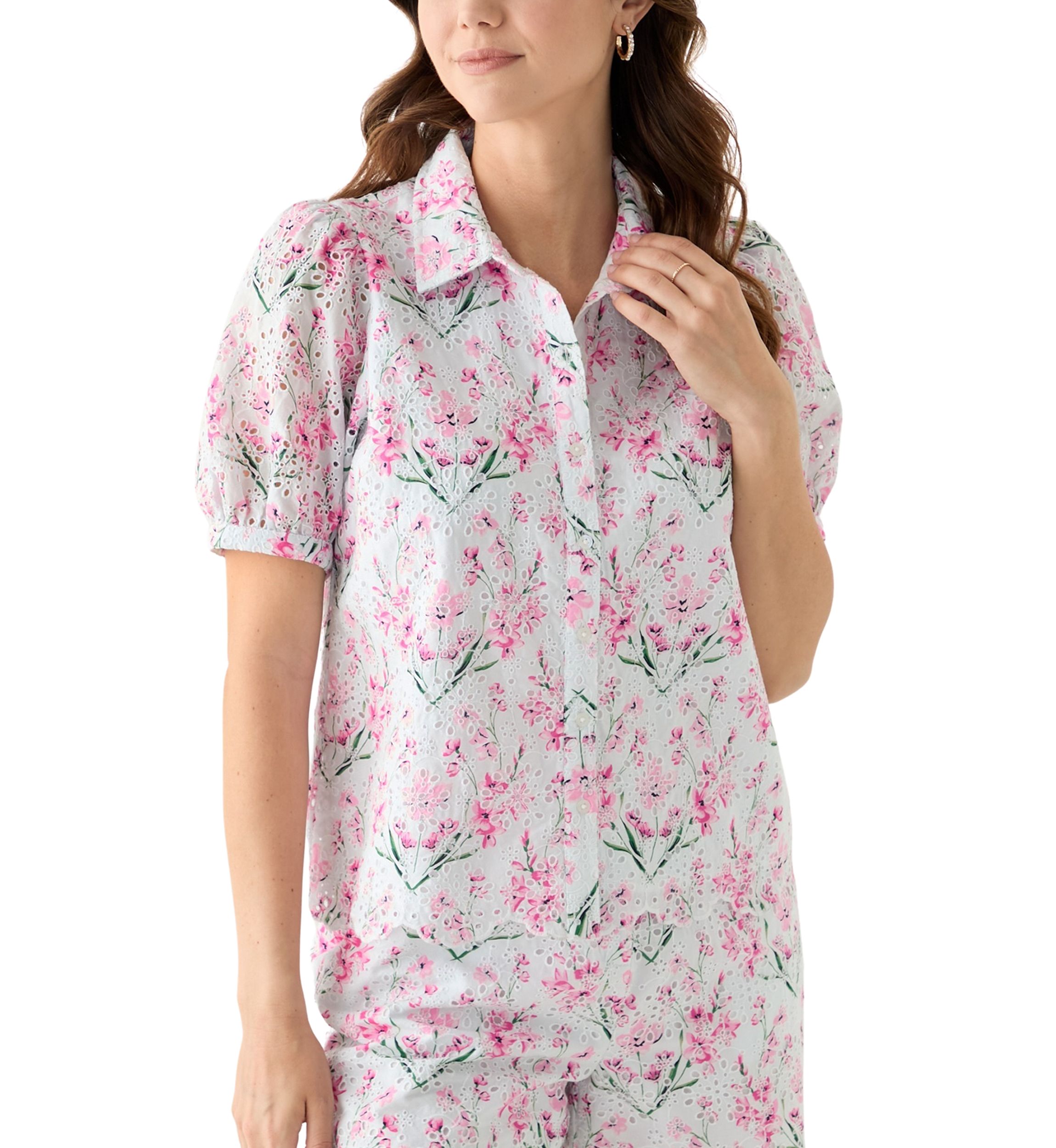 Womens Short Sleeve Eyelet Button Front Top