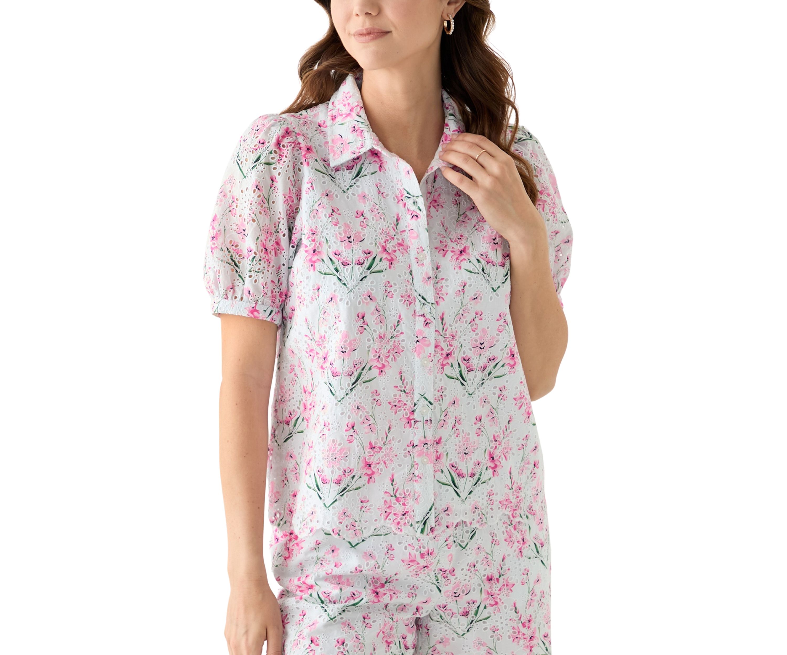Womens Short Sleeve Eyelet Button Front Top