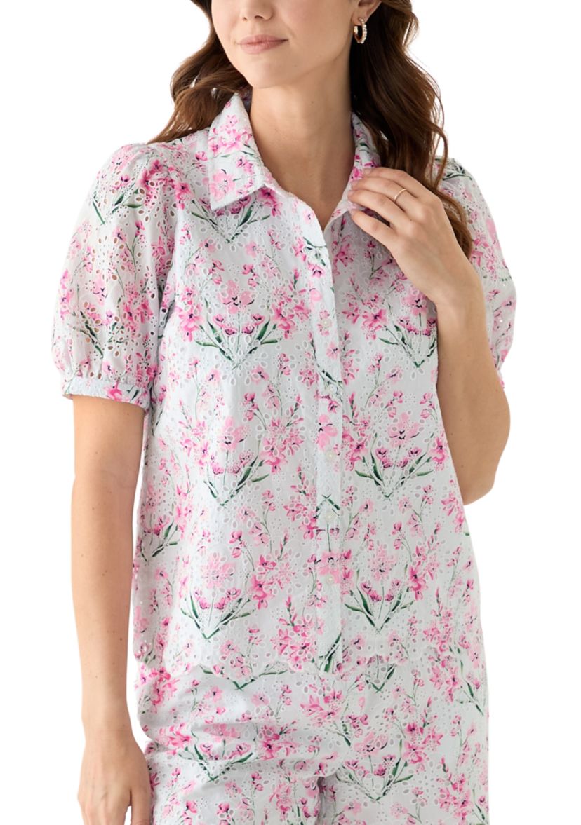 Womens Short Sleeve Eyelet Button Front Top