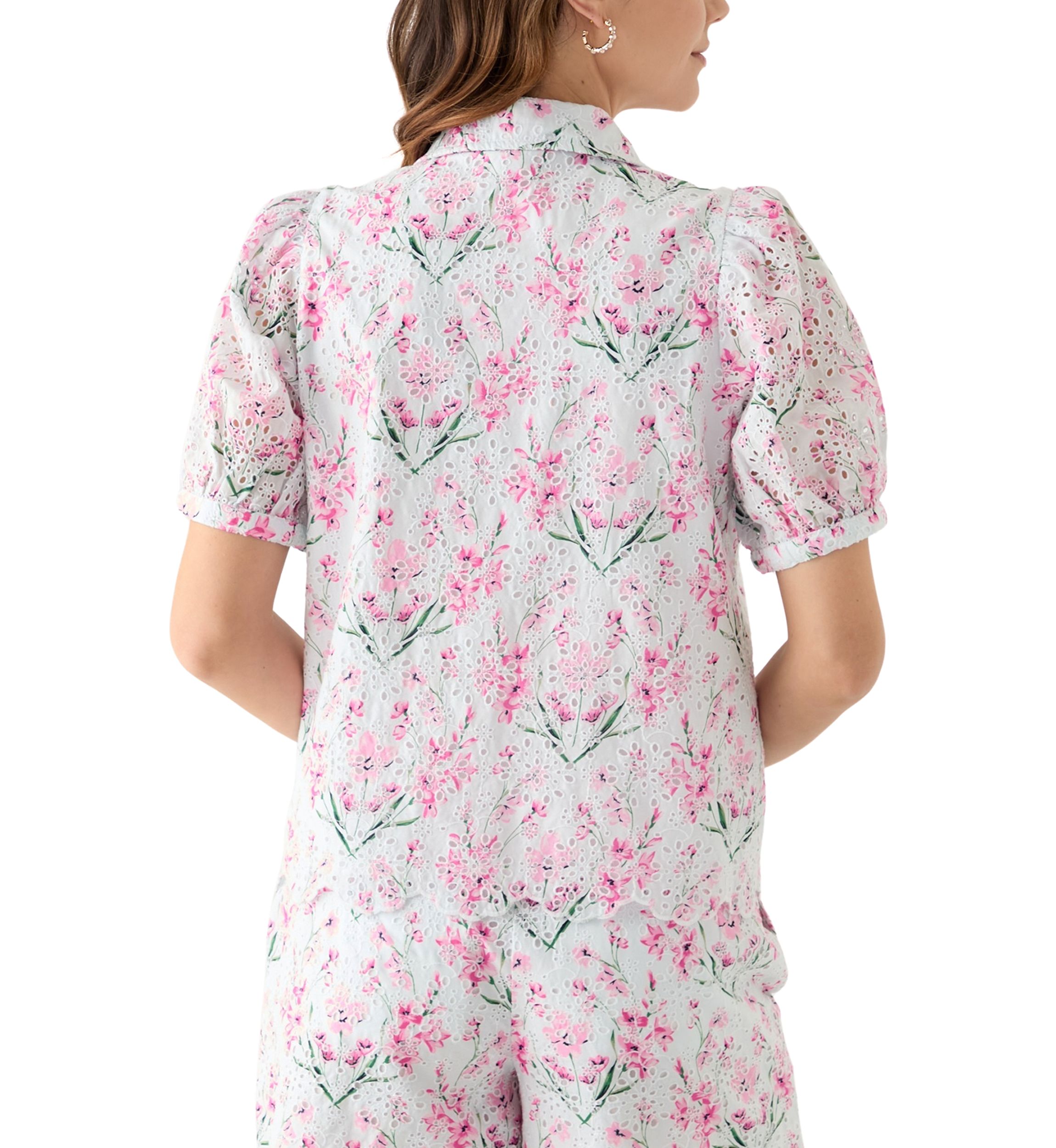 Womens Short Sleeve Eyelet Button Front Top