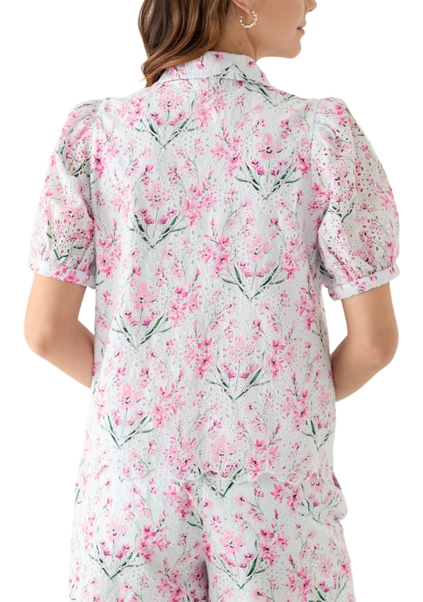 Womens Short Sleeve Eyelet Button Front Top
