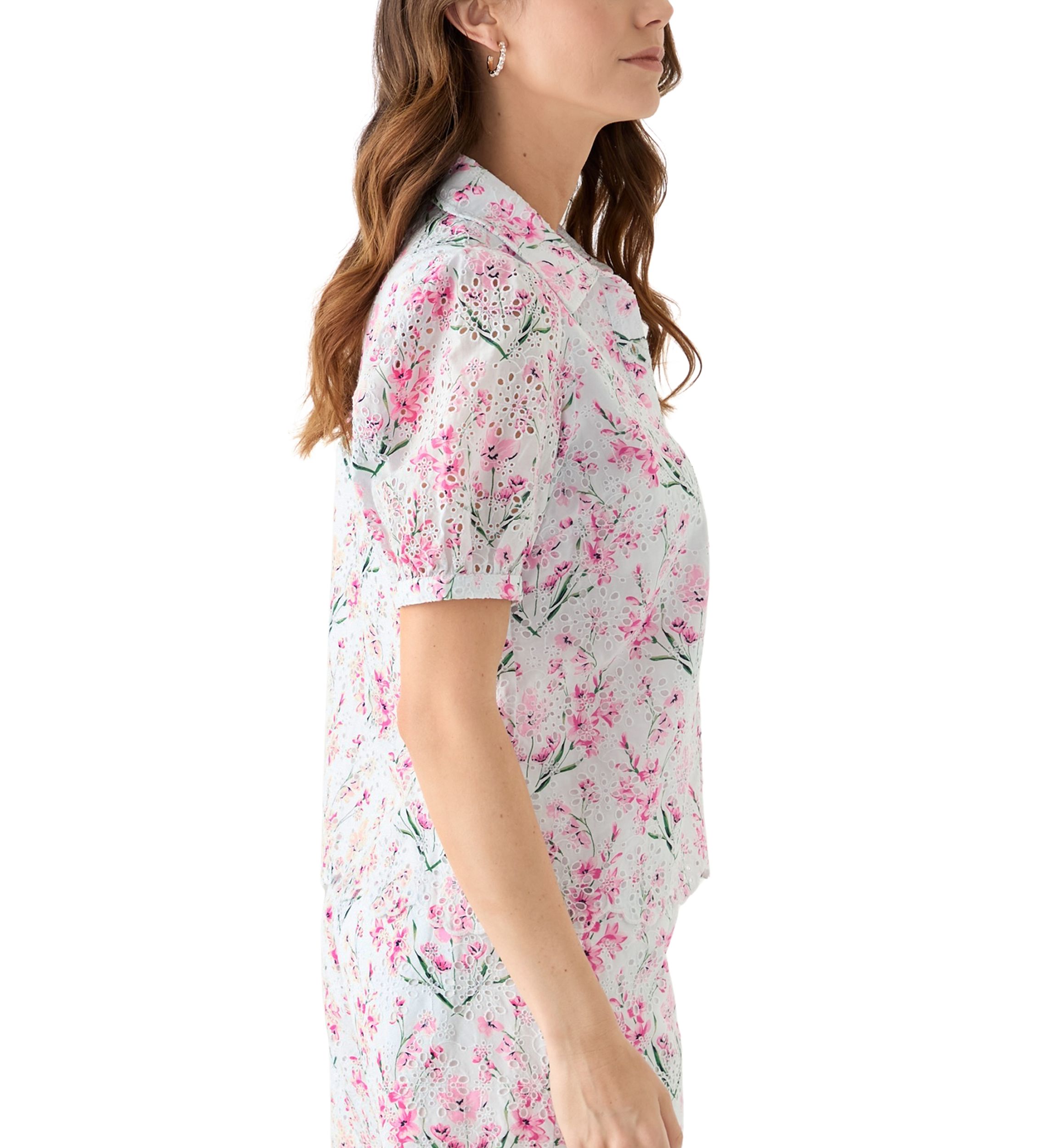 Womens Short Sleeve Eyelet Button Front Top