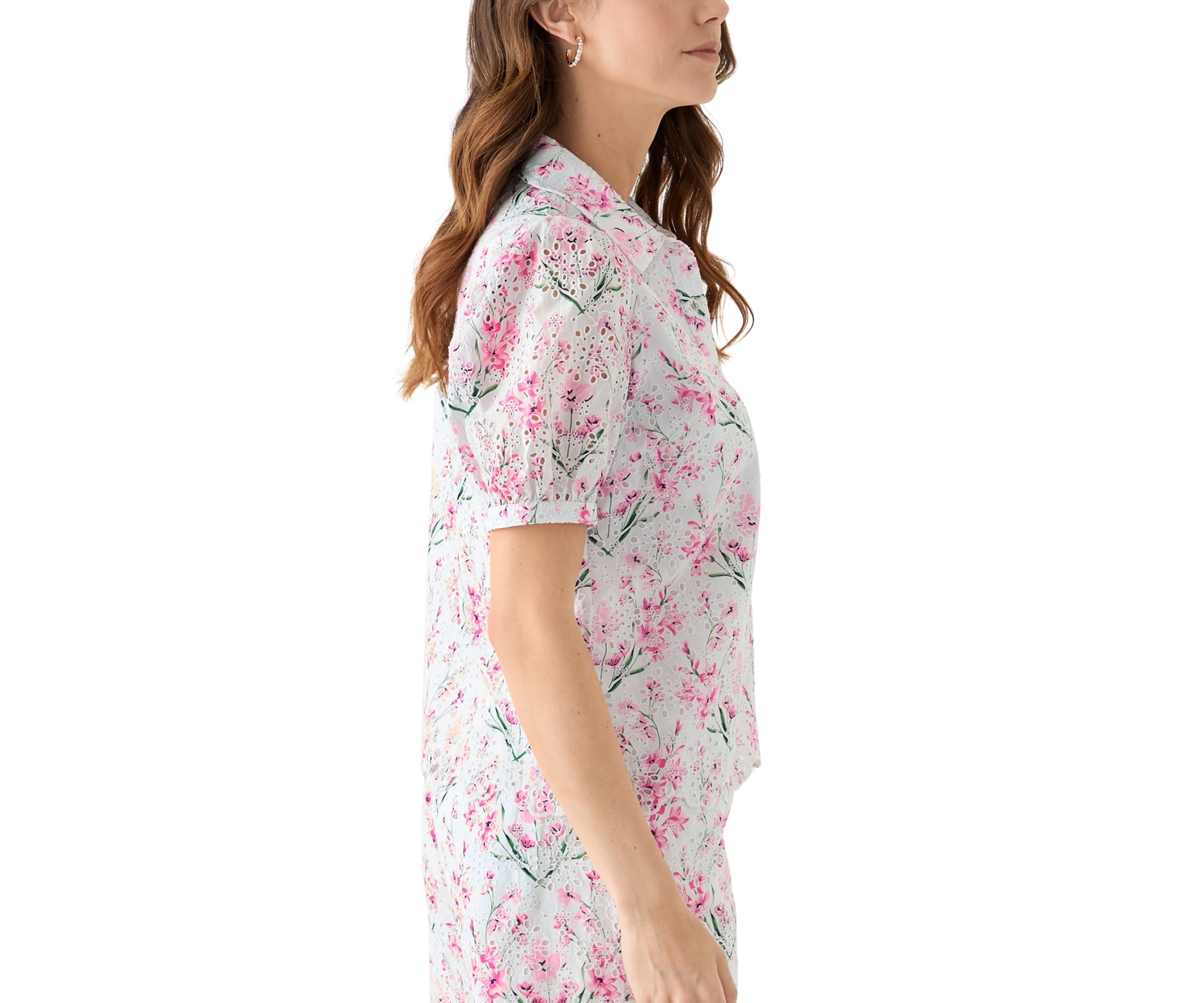 Womens Short Sleeve Eyelet Button Front Top