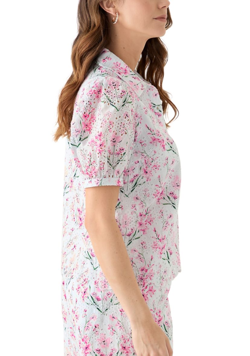 Womens Short Sleeve Eyelet Button Front Top