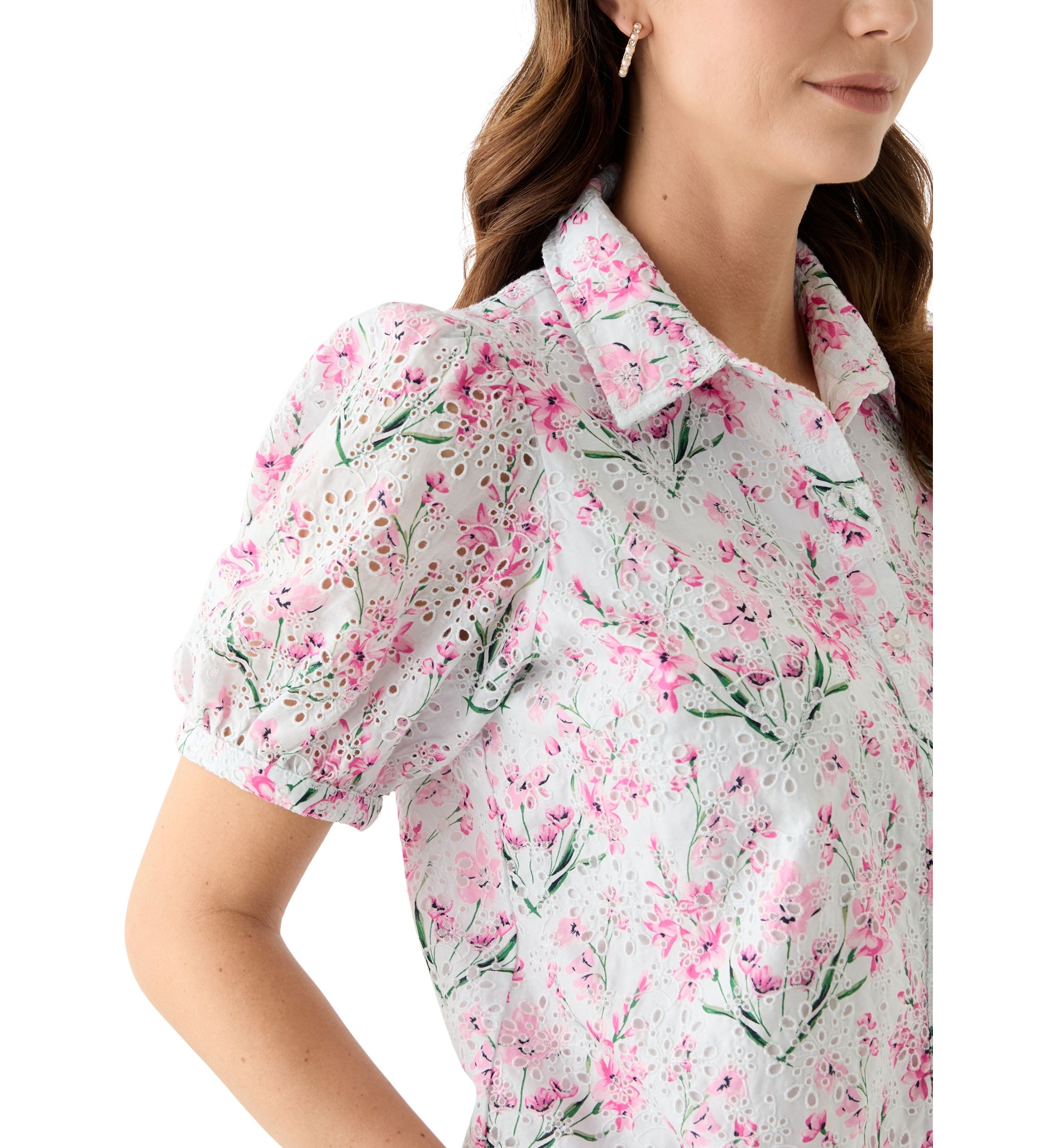 Womens Short Sleeve Eyelet Button Front Top