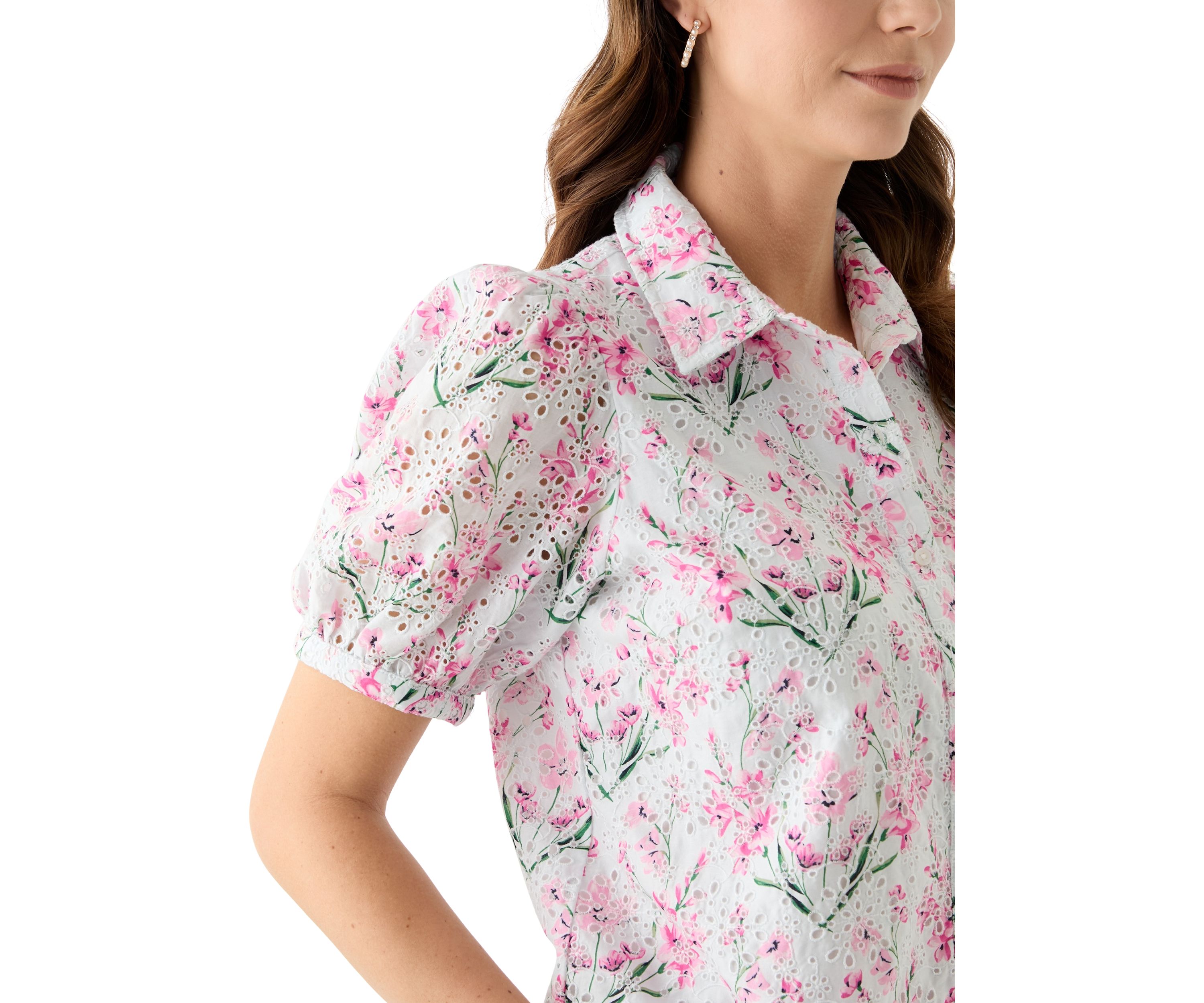 Womens Short Sleeve Eyelet Button Front Top