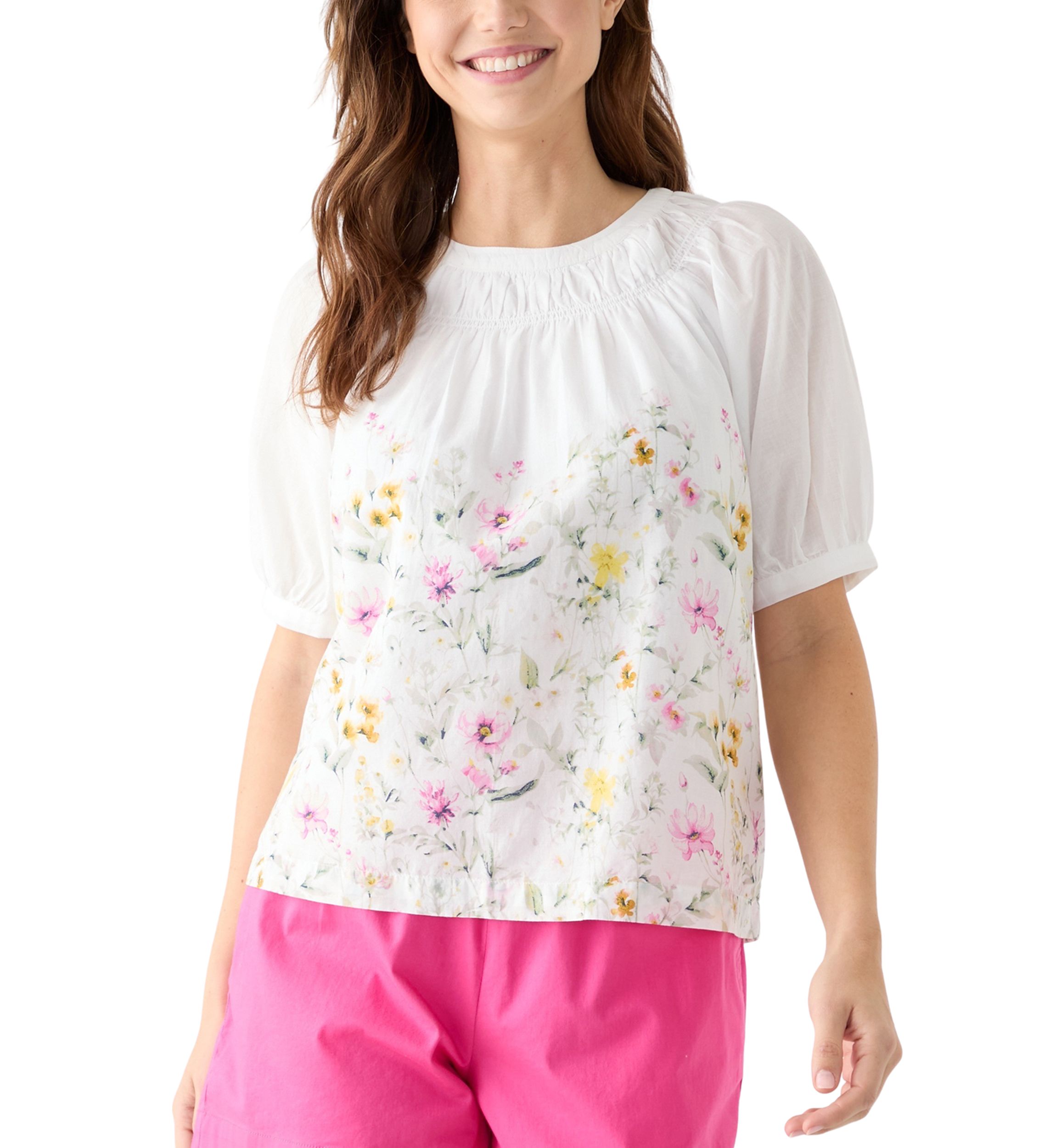 Womens Printed Smocked Neck Top