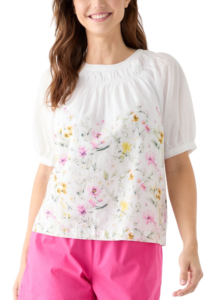 Womens Printed Smocked Neck Top