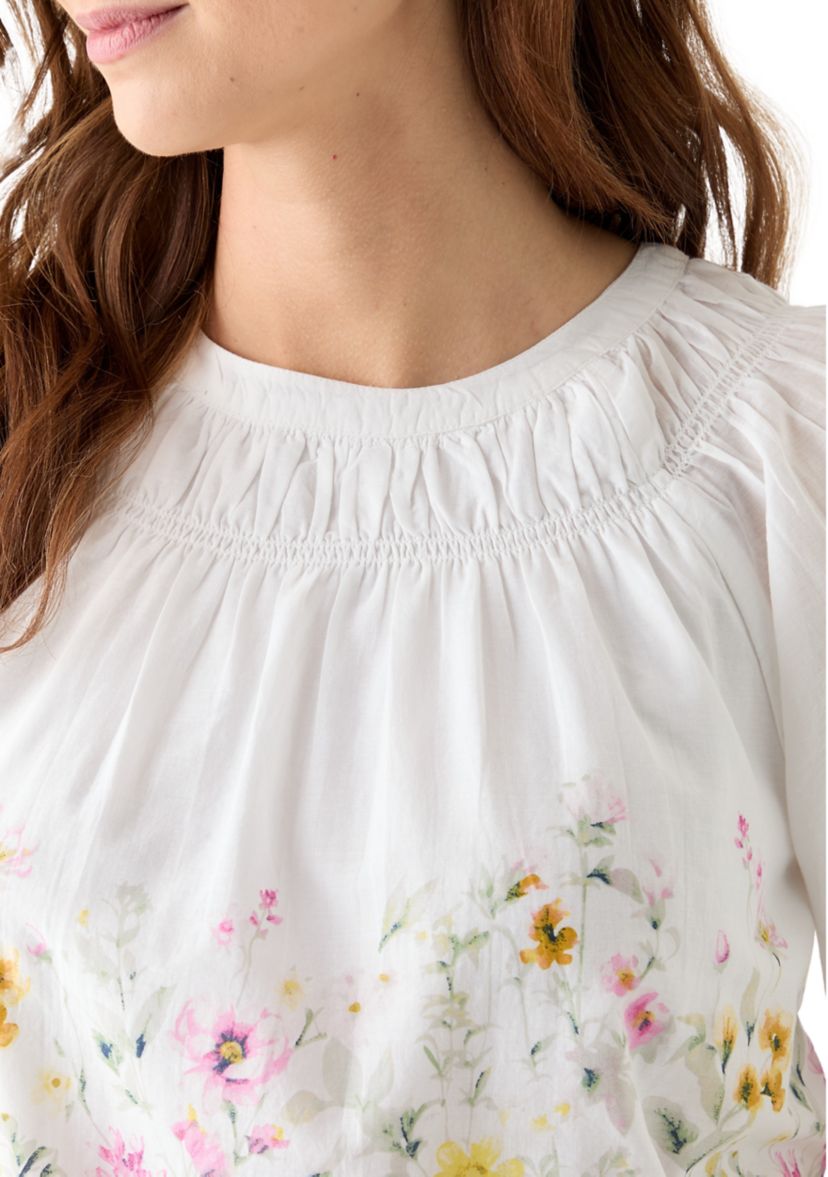 Womens Printed Smocked Neck Top
