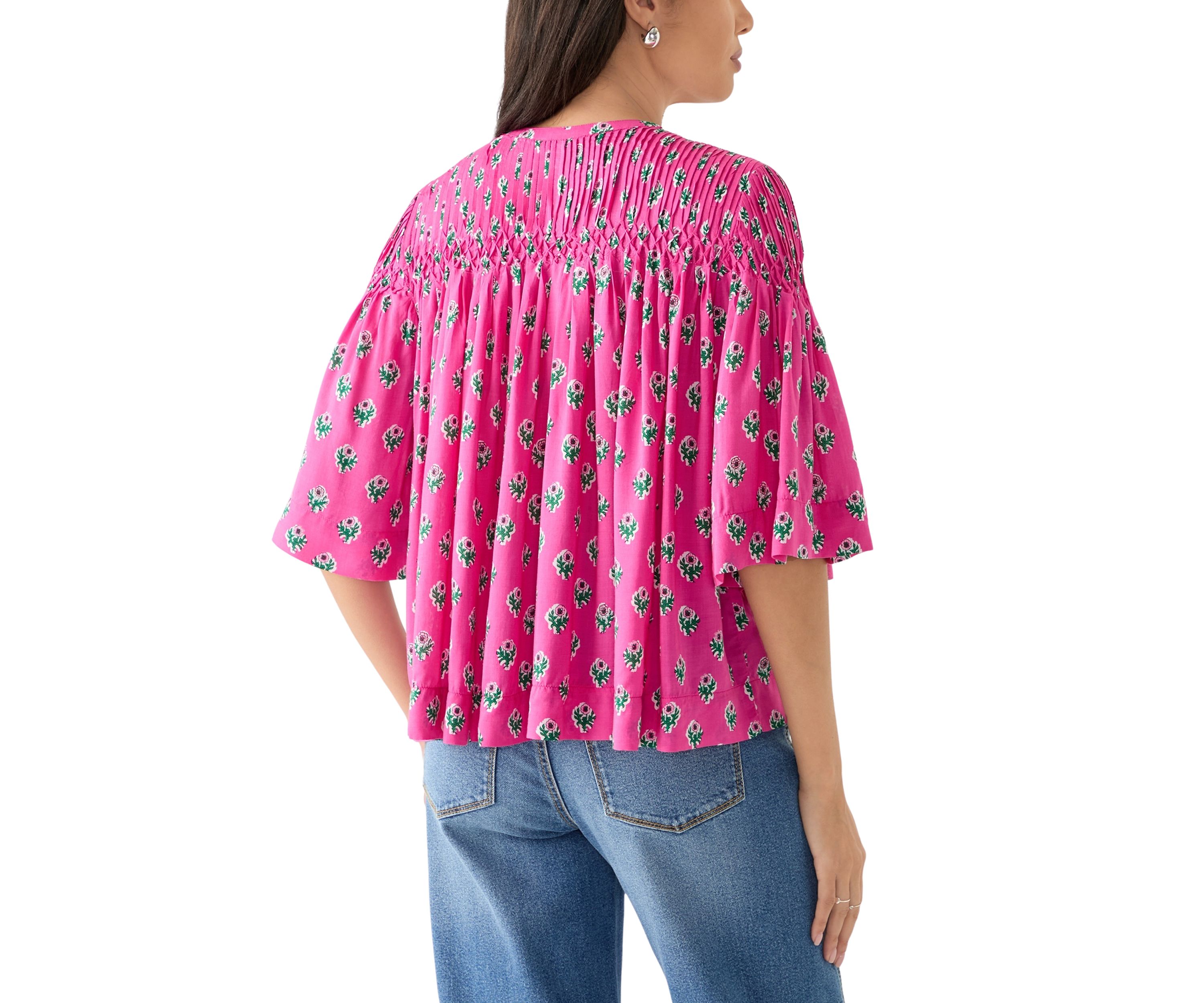 Womens 3/4 Flutter Sleeve Pintuck Printed Top 