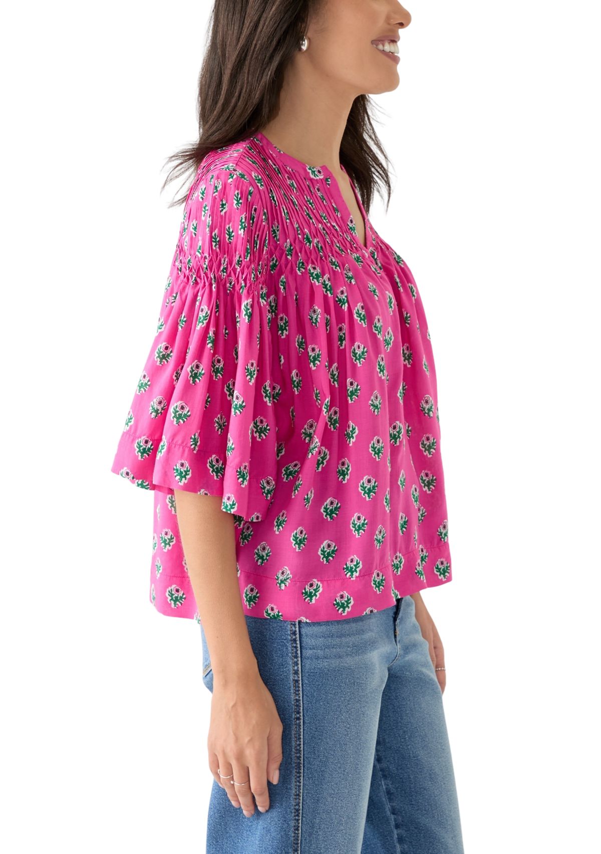 Womens 3/4 Flutter Sleeve Pintuck Printed Top 