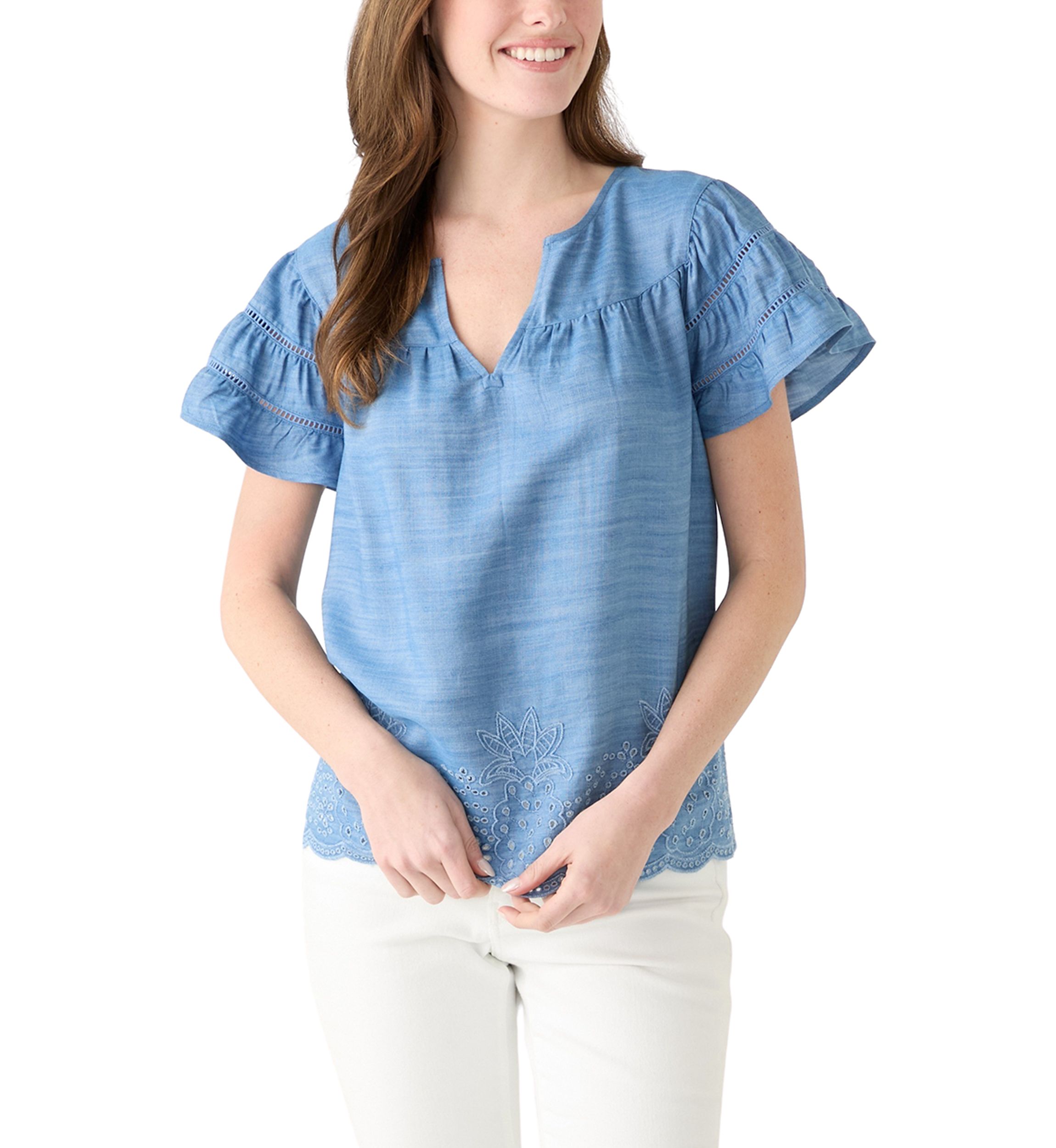 Womens Short Sleeve Embroidered Hem Top