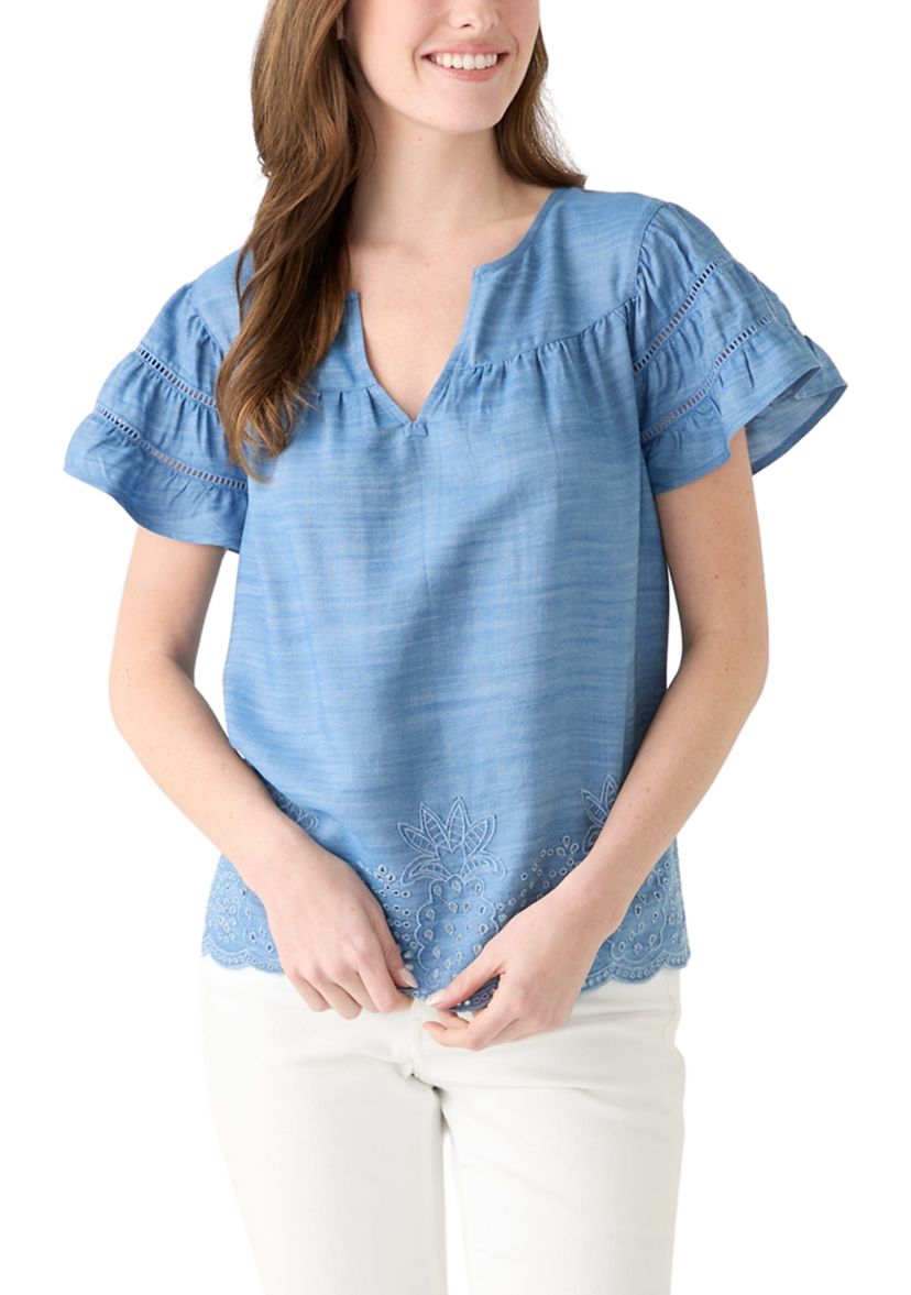 Womens Short Sleeve Embroidered Hem Top