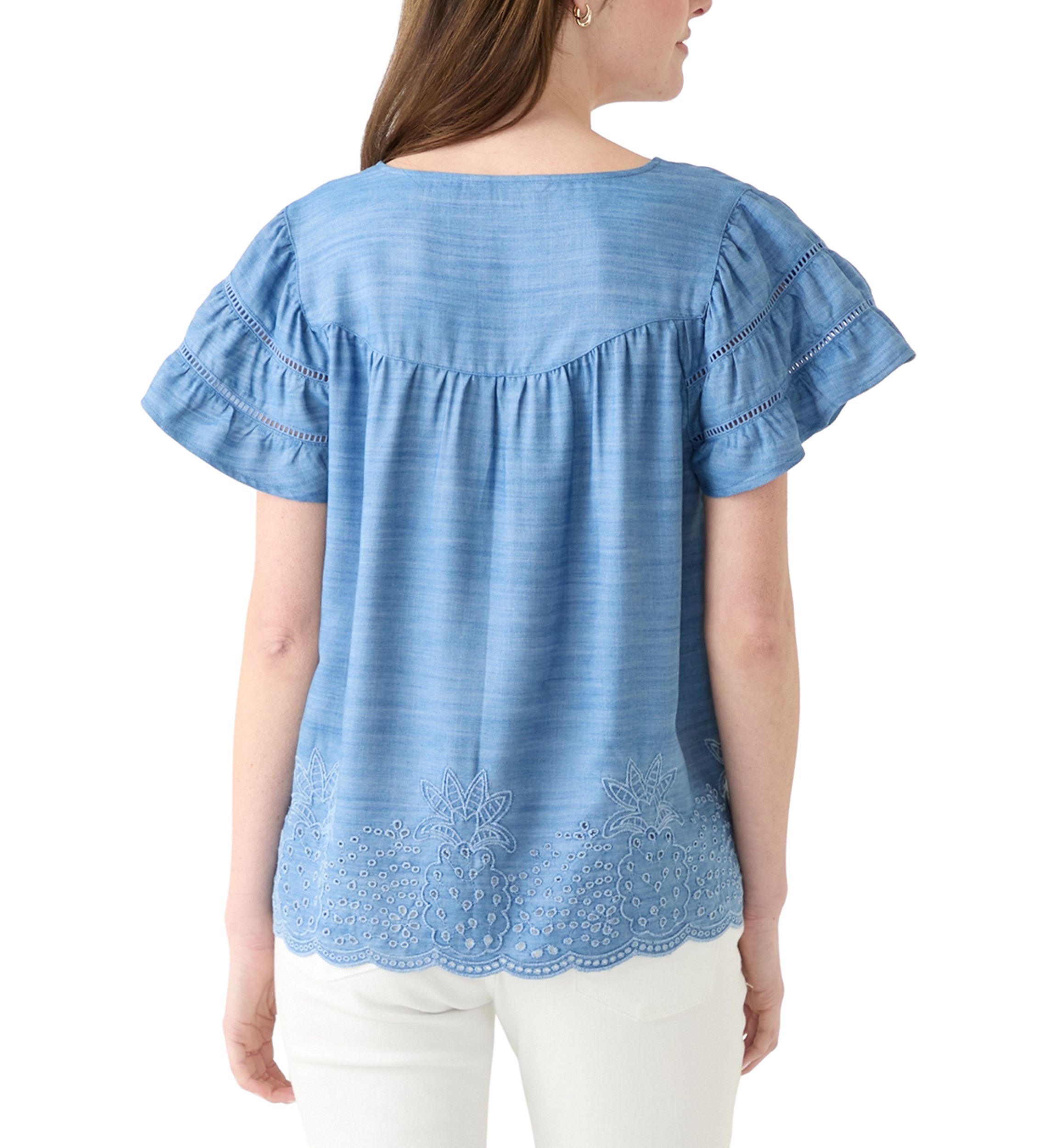 Womens Short Sleeve Embroidered Hem Top