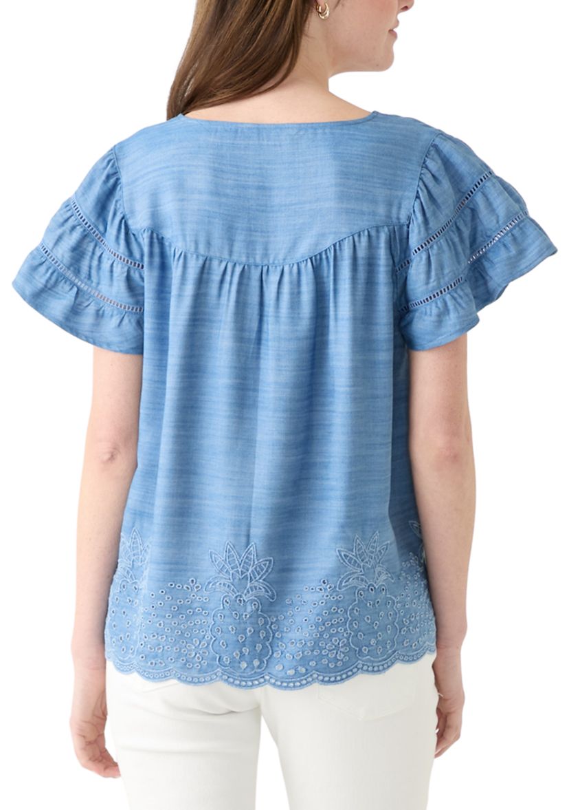 Womens Short Sleeve Embroidered Hem Top