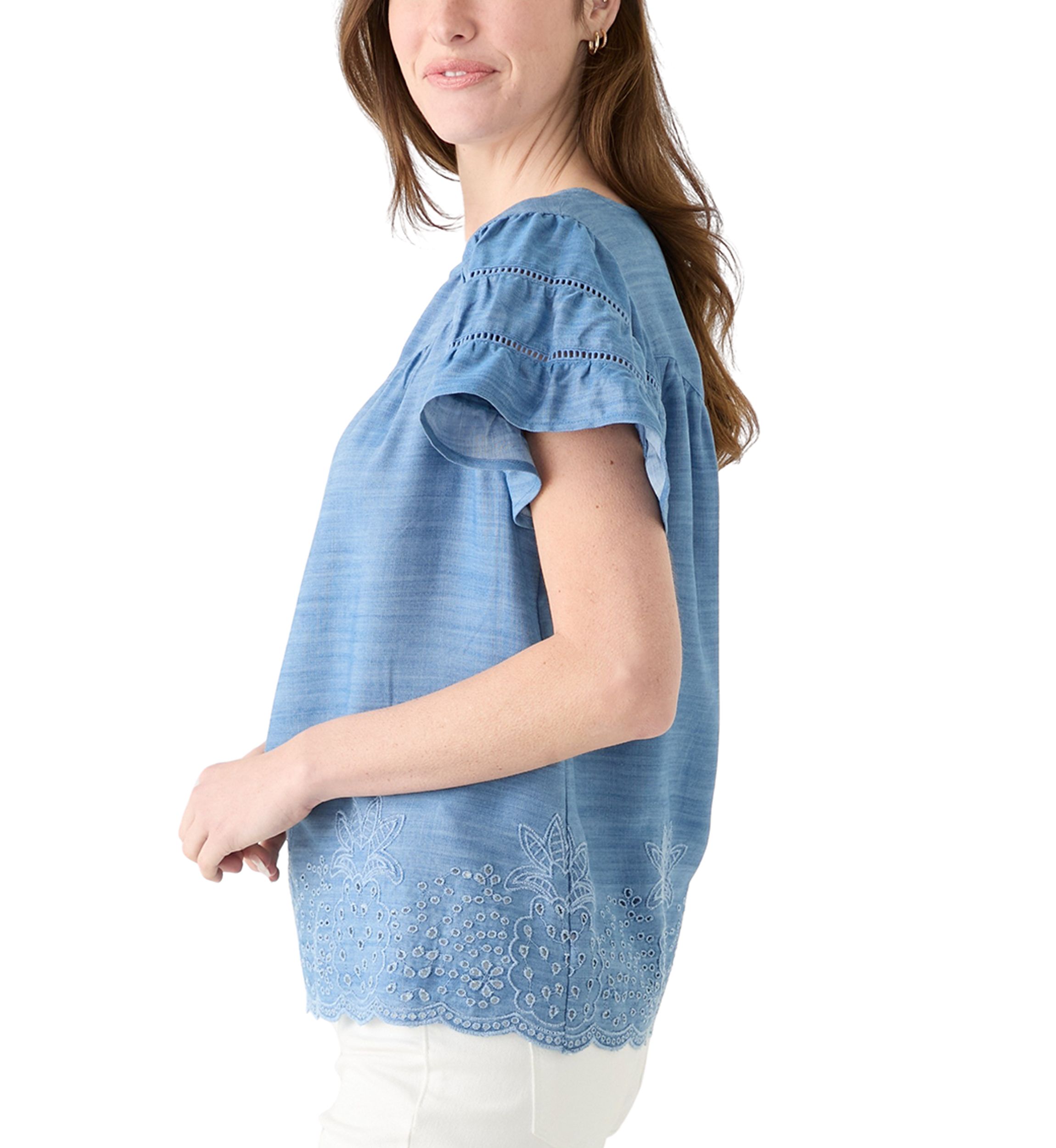 Womens Short Sleeve Embroidered Hem Top