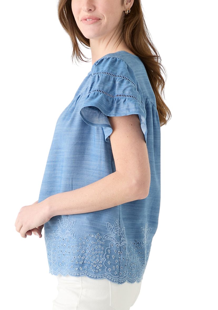 Womens Short Sleeve Embroidered Hem Top