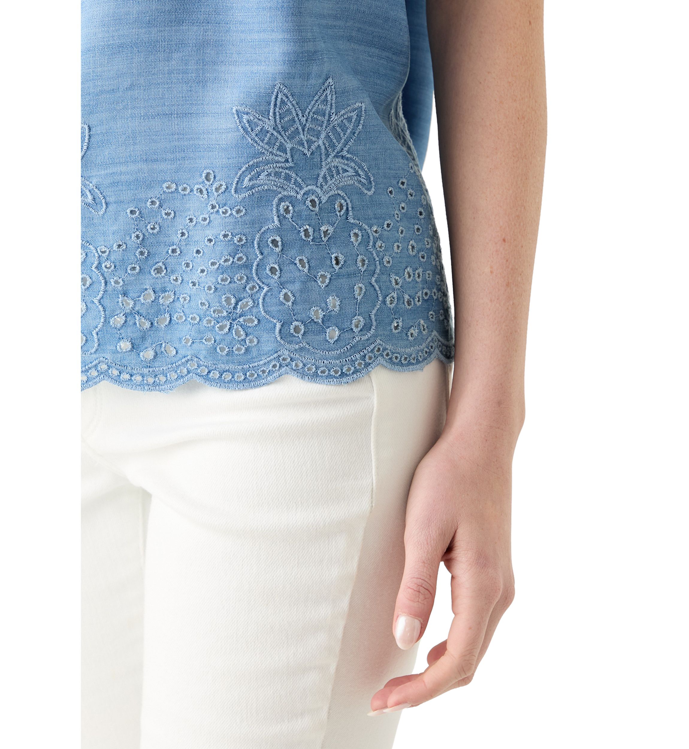 Womens Short Sleeve Embroidered Hem Top