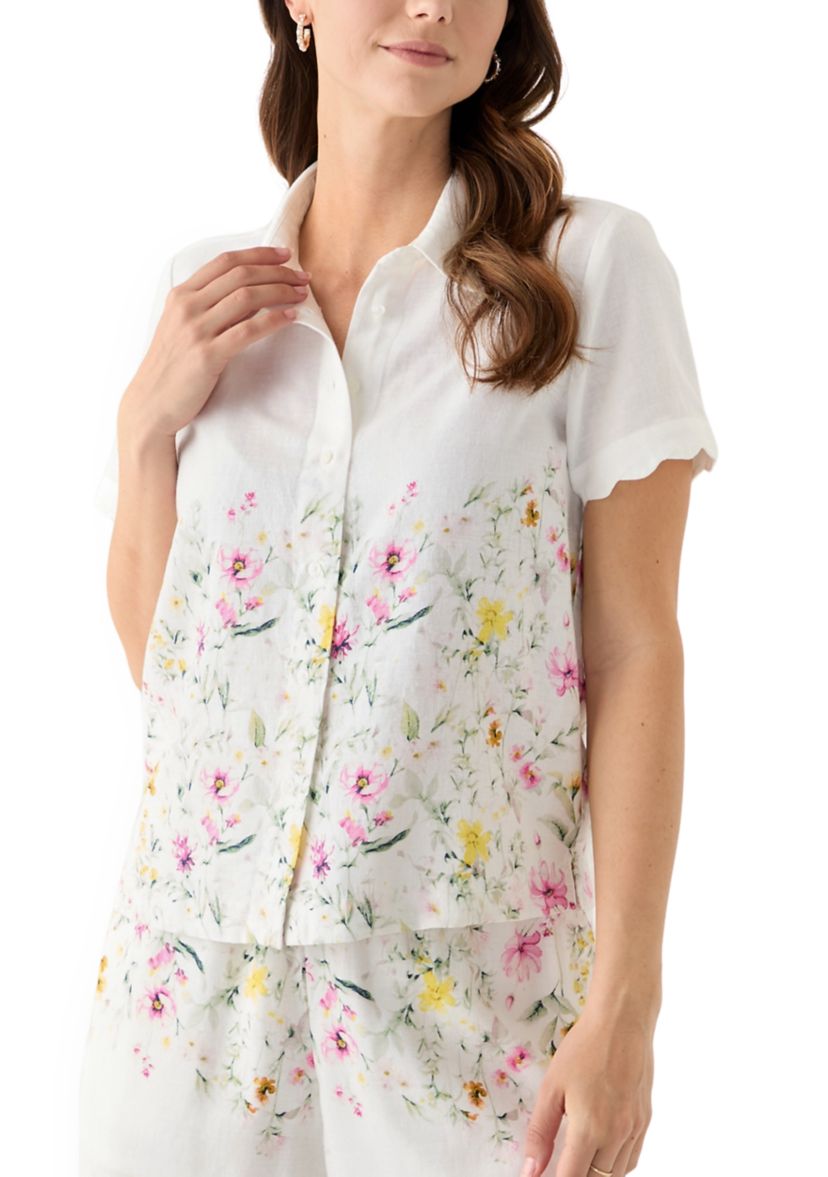 Womens Short Sleeve Scallop Button Front Top