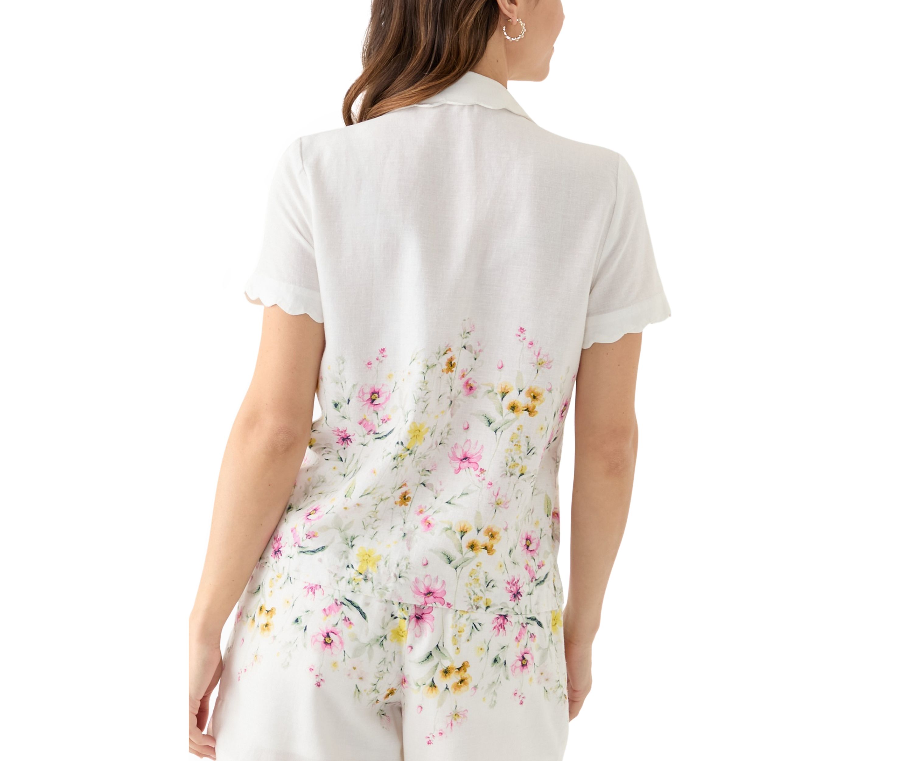 Womens Short Sleeve Scallop Button Front Top