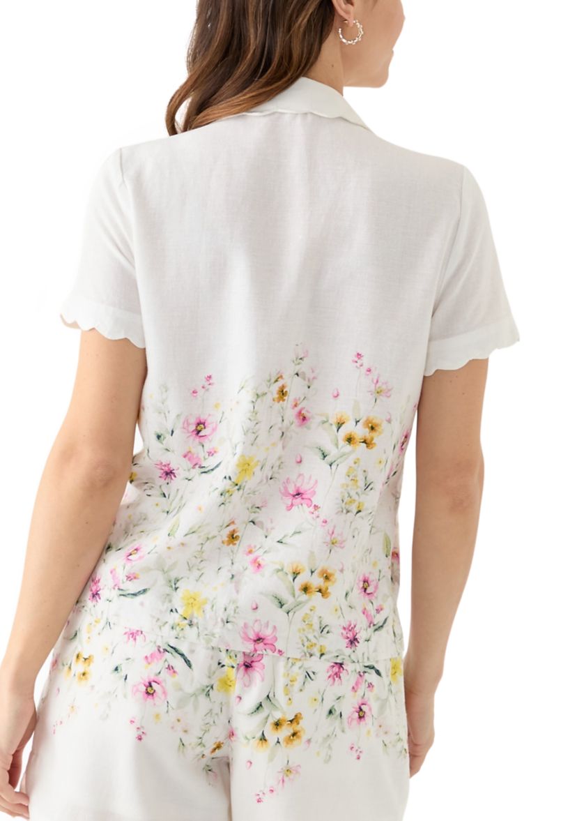 Womens Short Sleeve Scallop Button Front Top