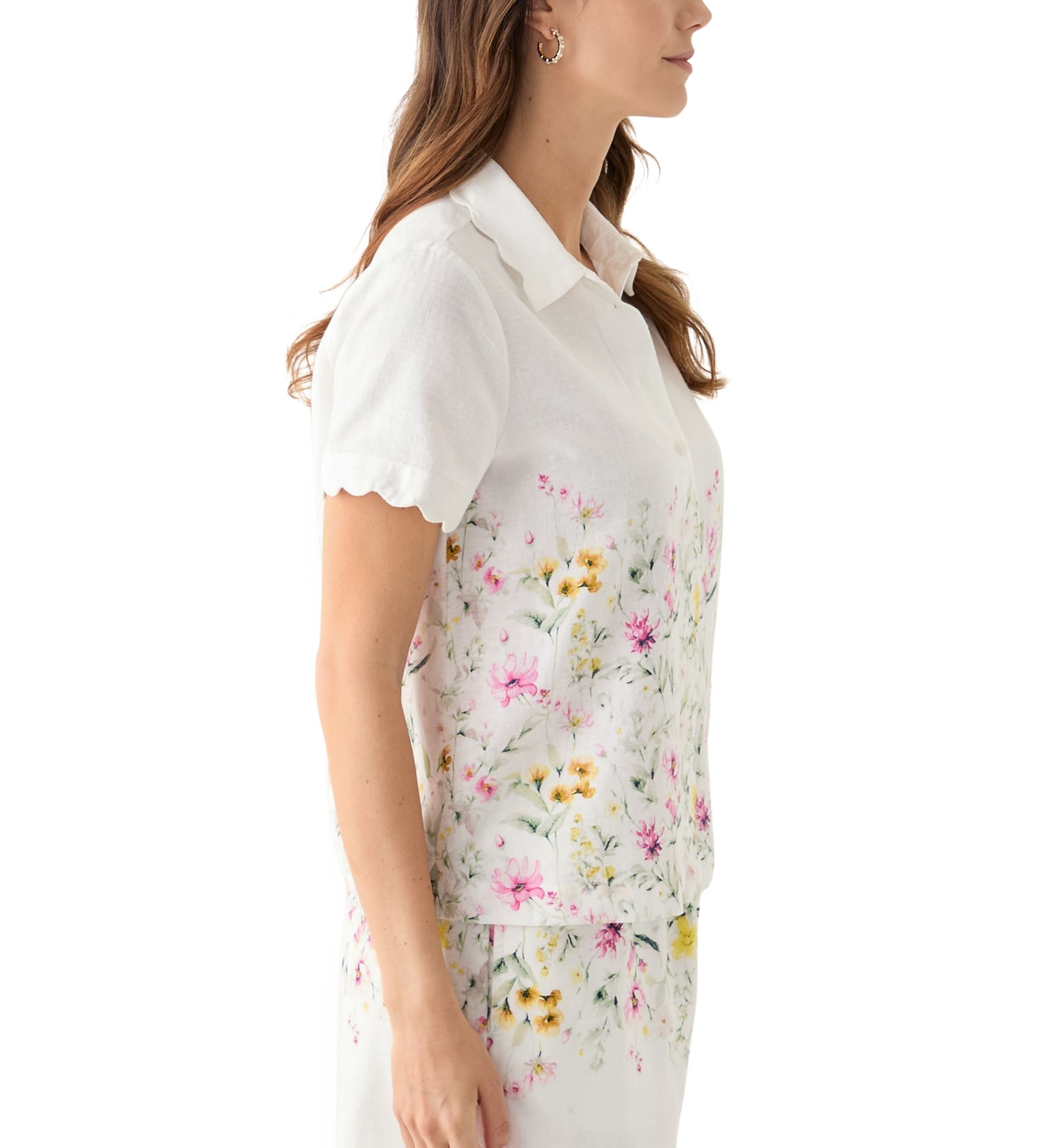 Womens Short Sleeve Scallop Button Front Top