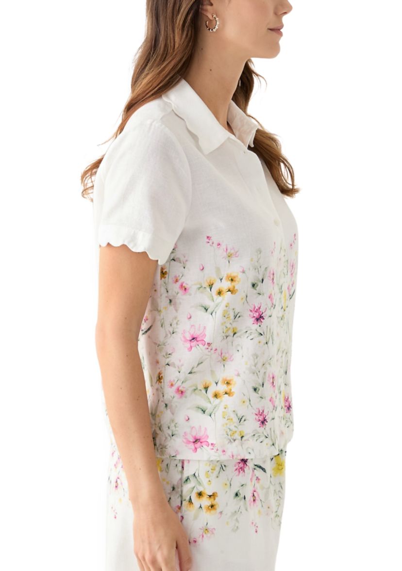Womens Short Sleeve Scallop Button Front Top