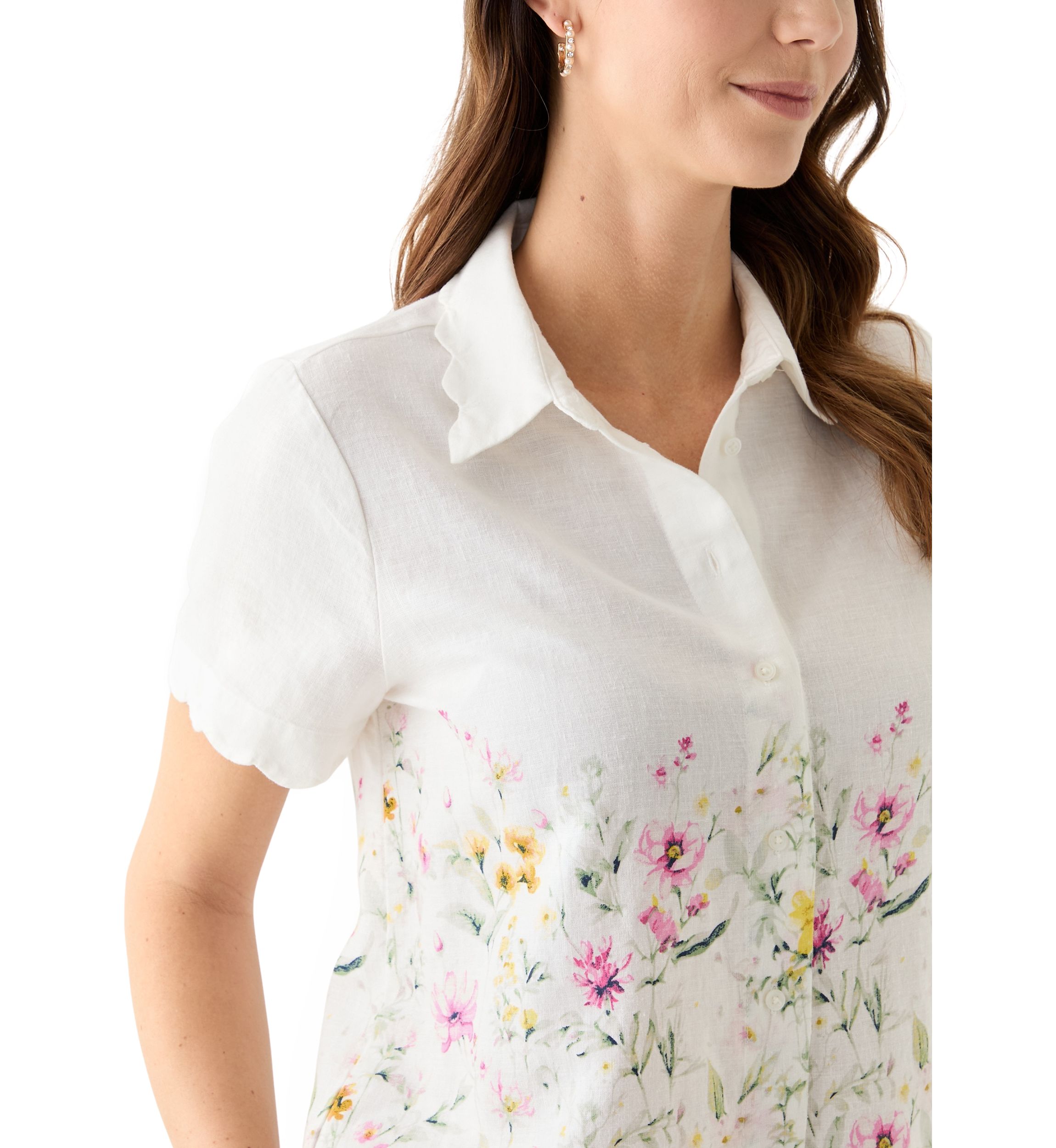 Womens Short Sleeve Scallop Button Front Top