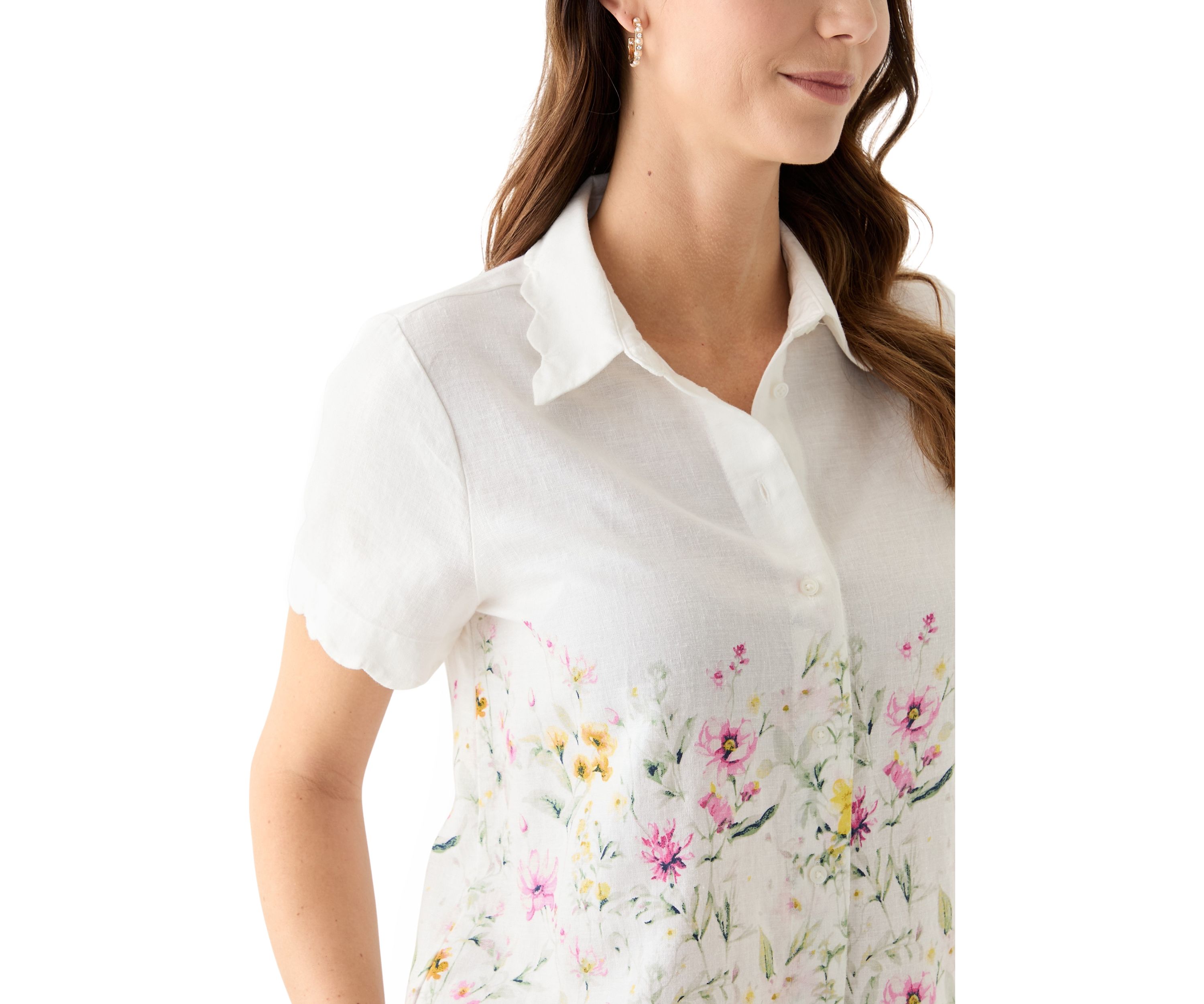 Womens Short Sleeve Scallop Button Front Top