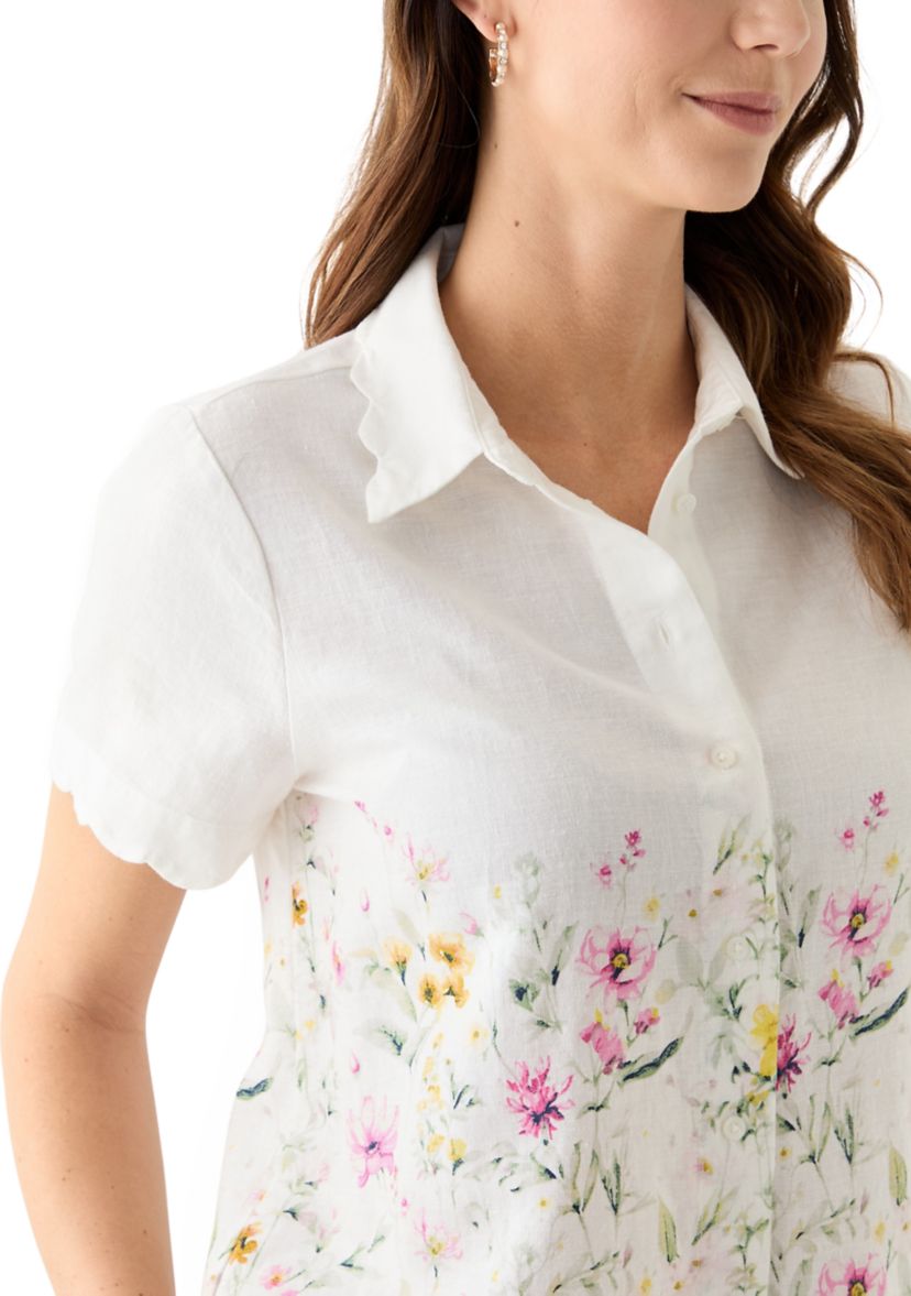 Womens Short Sleeve Scallop Button Front Top