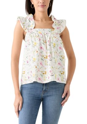 Crown & Ivy Women's Embroidered Ruffle Floral Printed Top, White, XXL