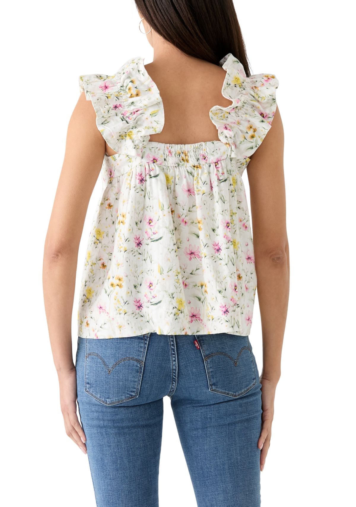 Womens Embroidered Ruffle Floral Printed Top