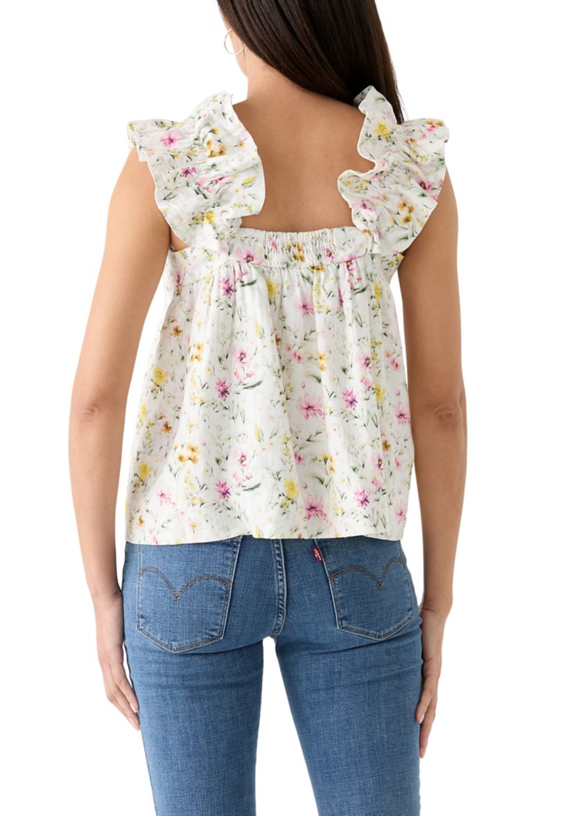 Womens Embroidered Ruffle Floral Printed Top