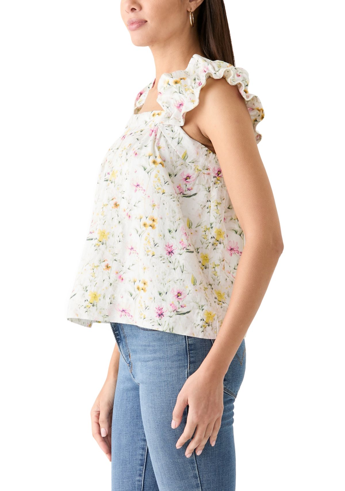 Womens Embroidered Ruffle Floral Printed Top