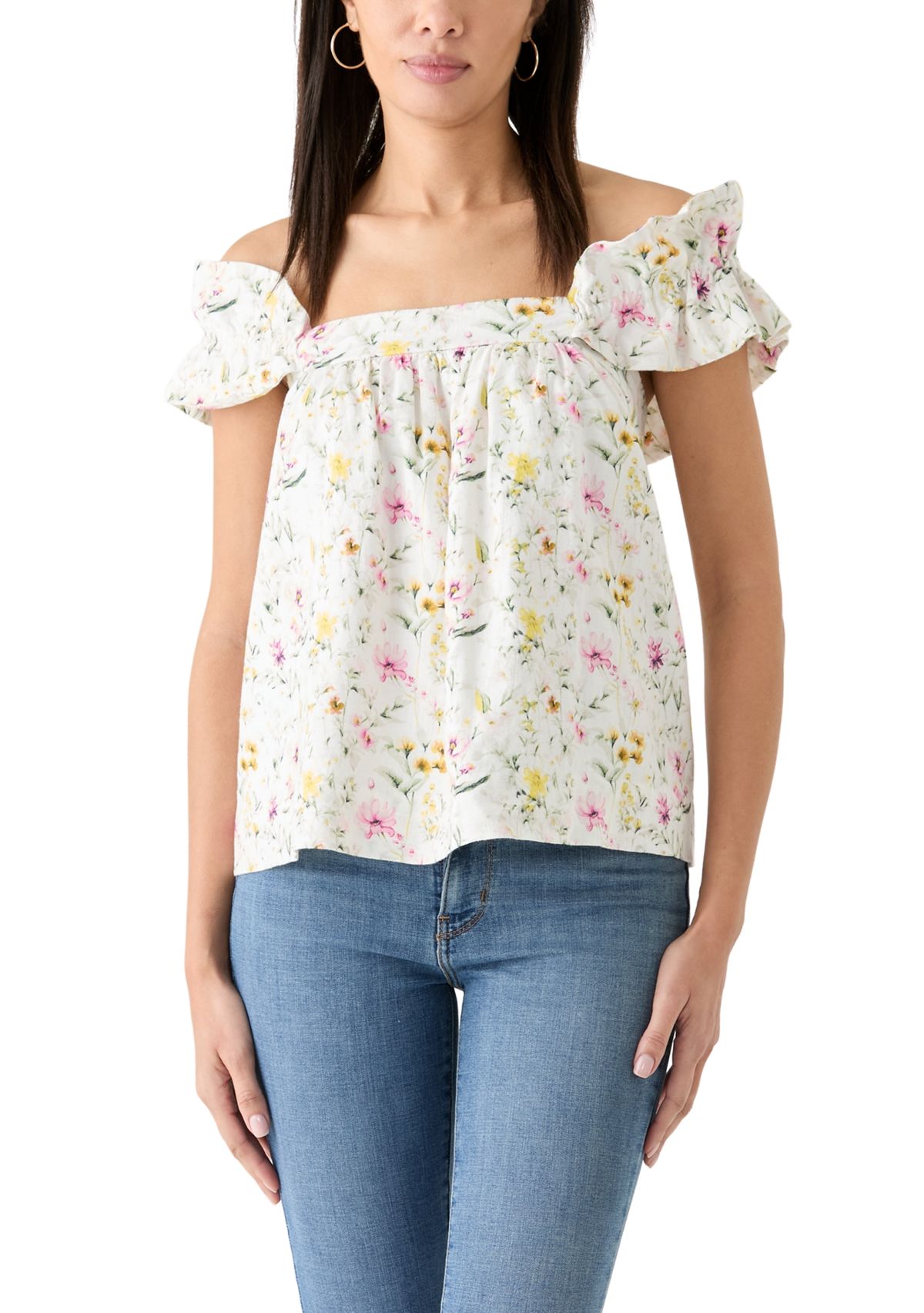 Womens Embroidered Ruffle Floral Printed Top