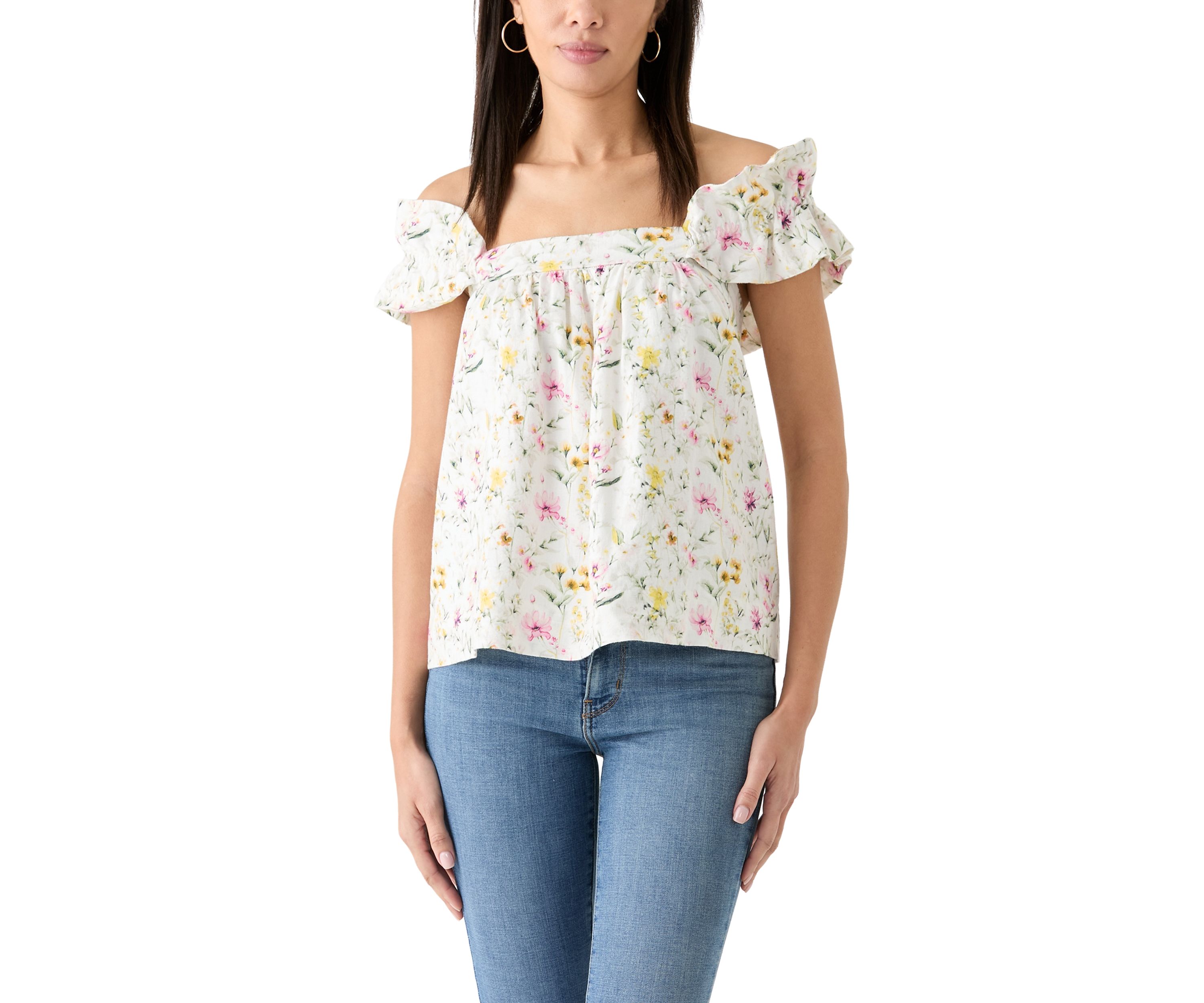 Womens Embroidered Ruffle Floral Printed Top
