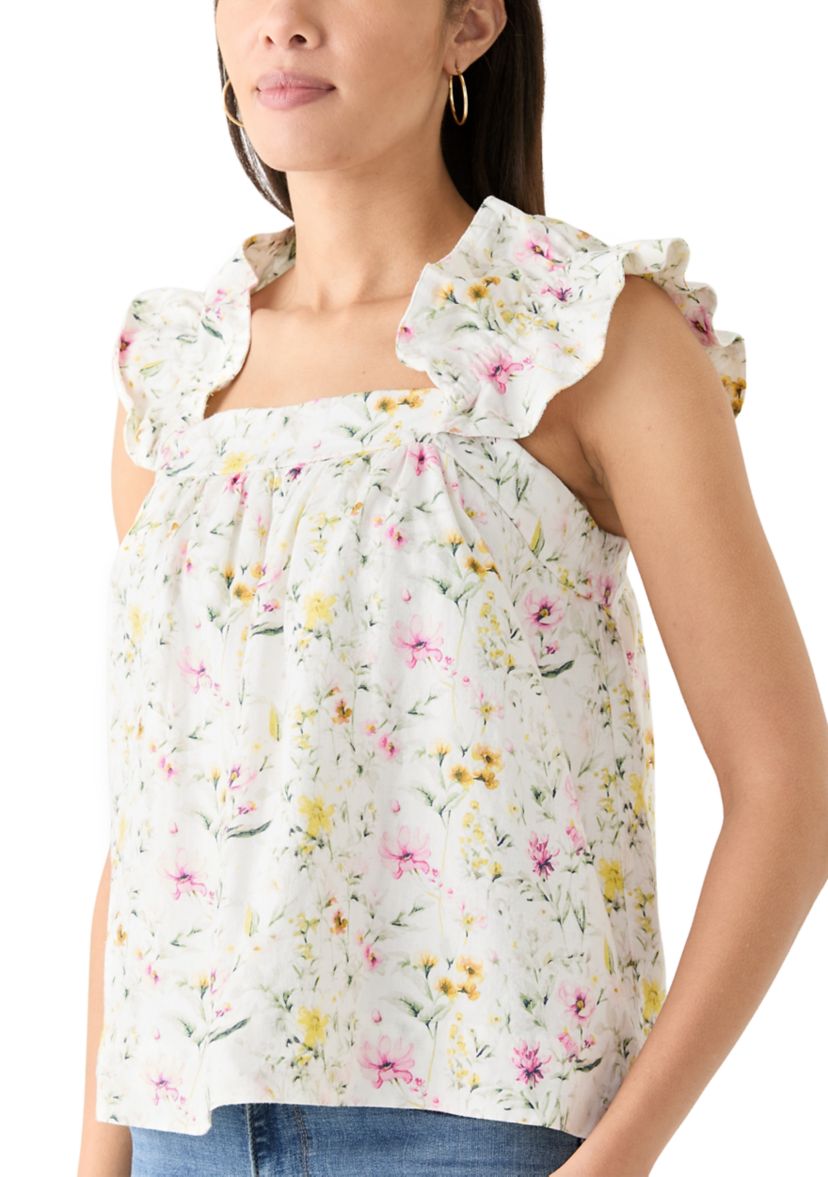 Womens Embroidered Ruffle Floral Printed Top