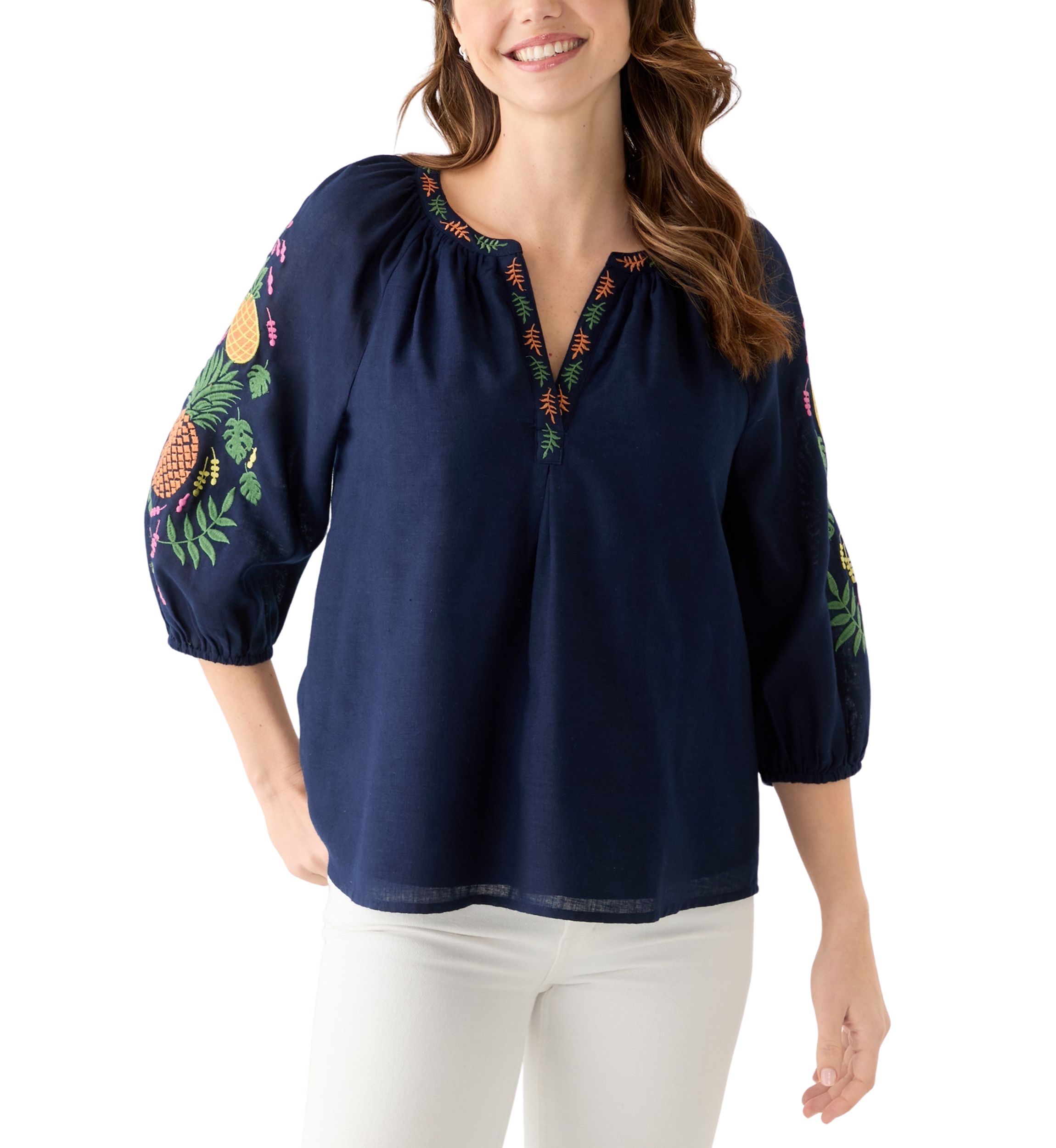 Womens 3/4 Embroidered Sleeve Top