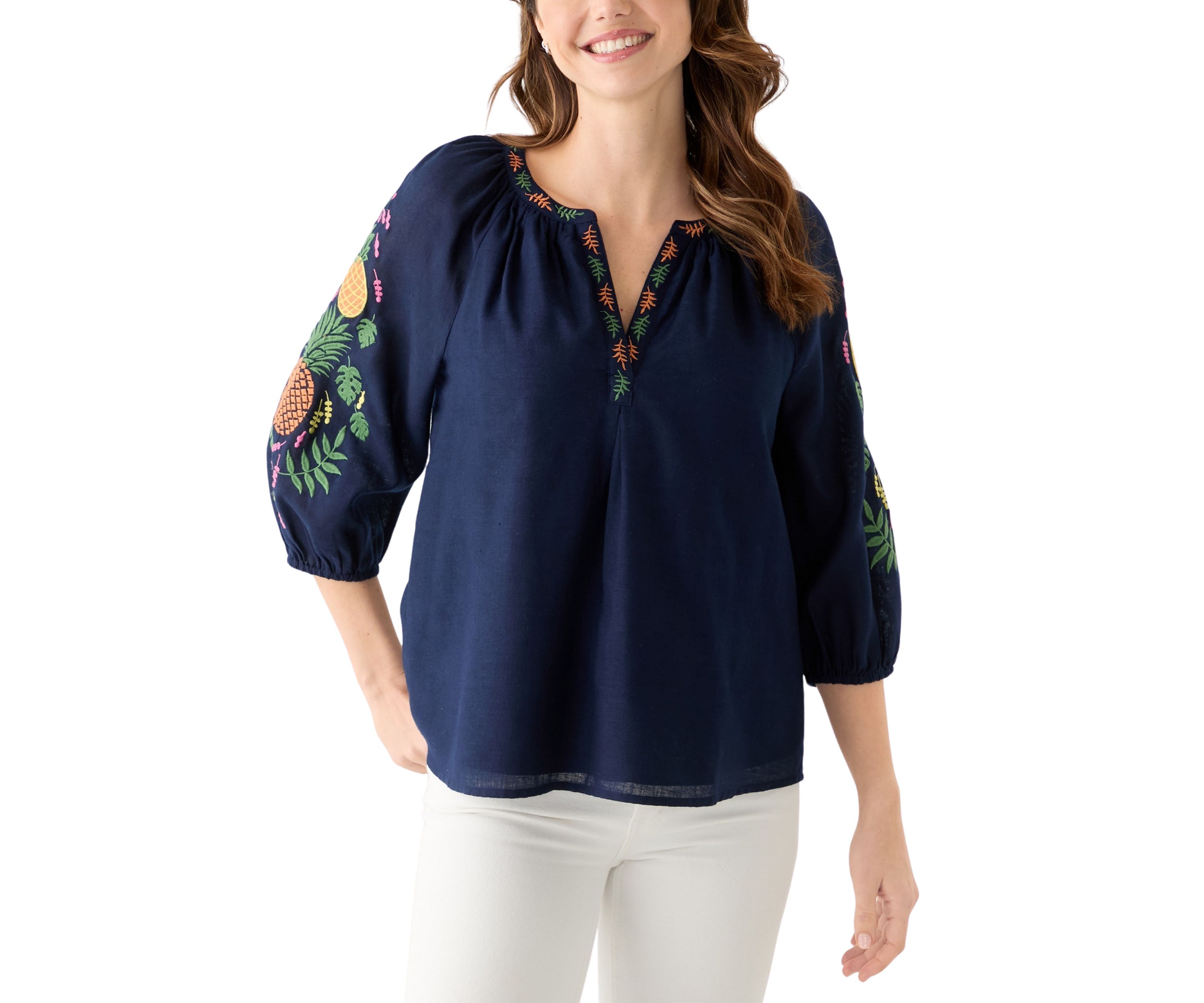 Womens 3/4 Embroidered Sleeve Top
